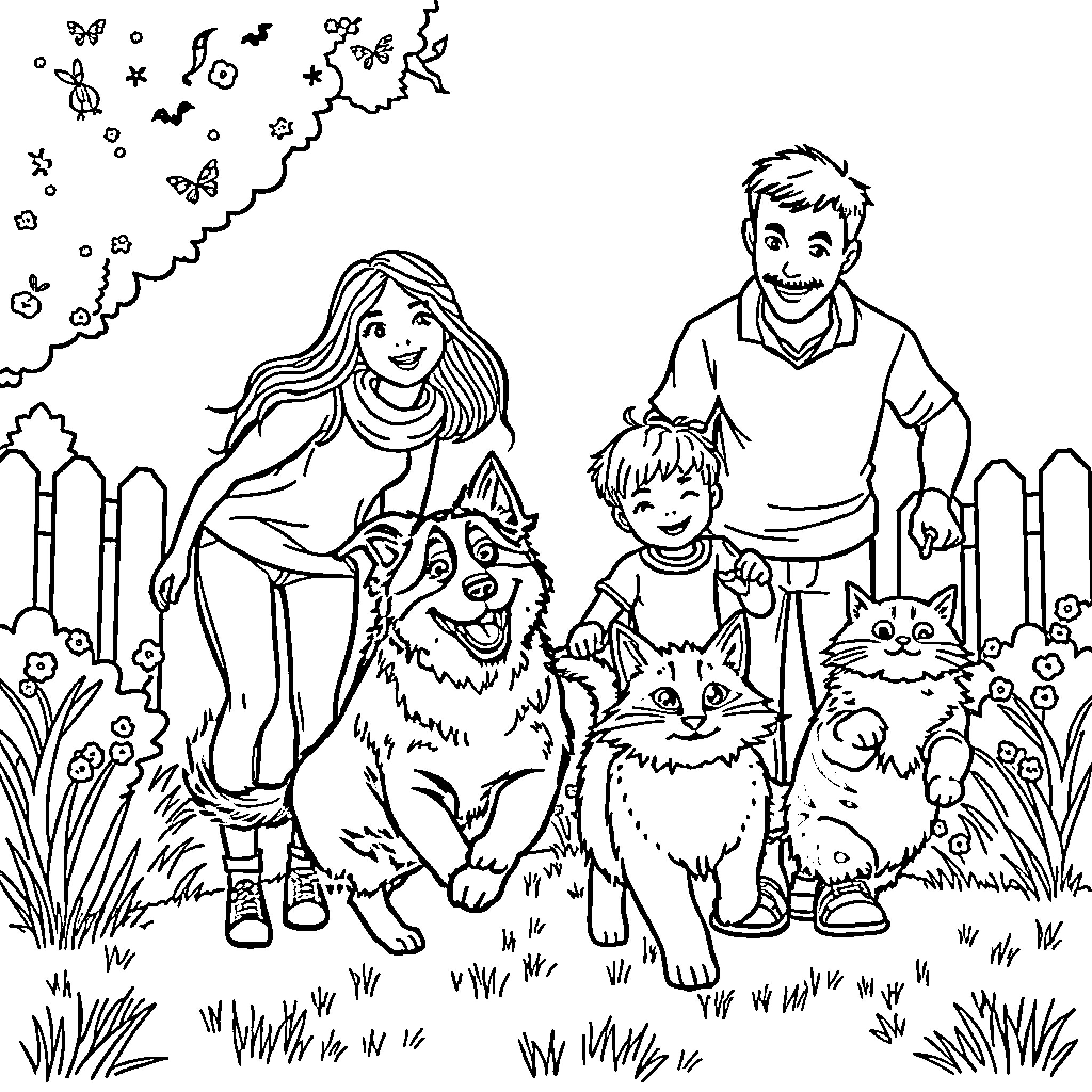 Family Enjoying Outdoor Adventure with Pets Coloring Page (free black-and-white line drawing printable PDF for all, from beginners to advanced learners, including children, teens, adults, and seniors)