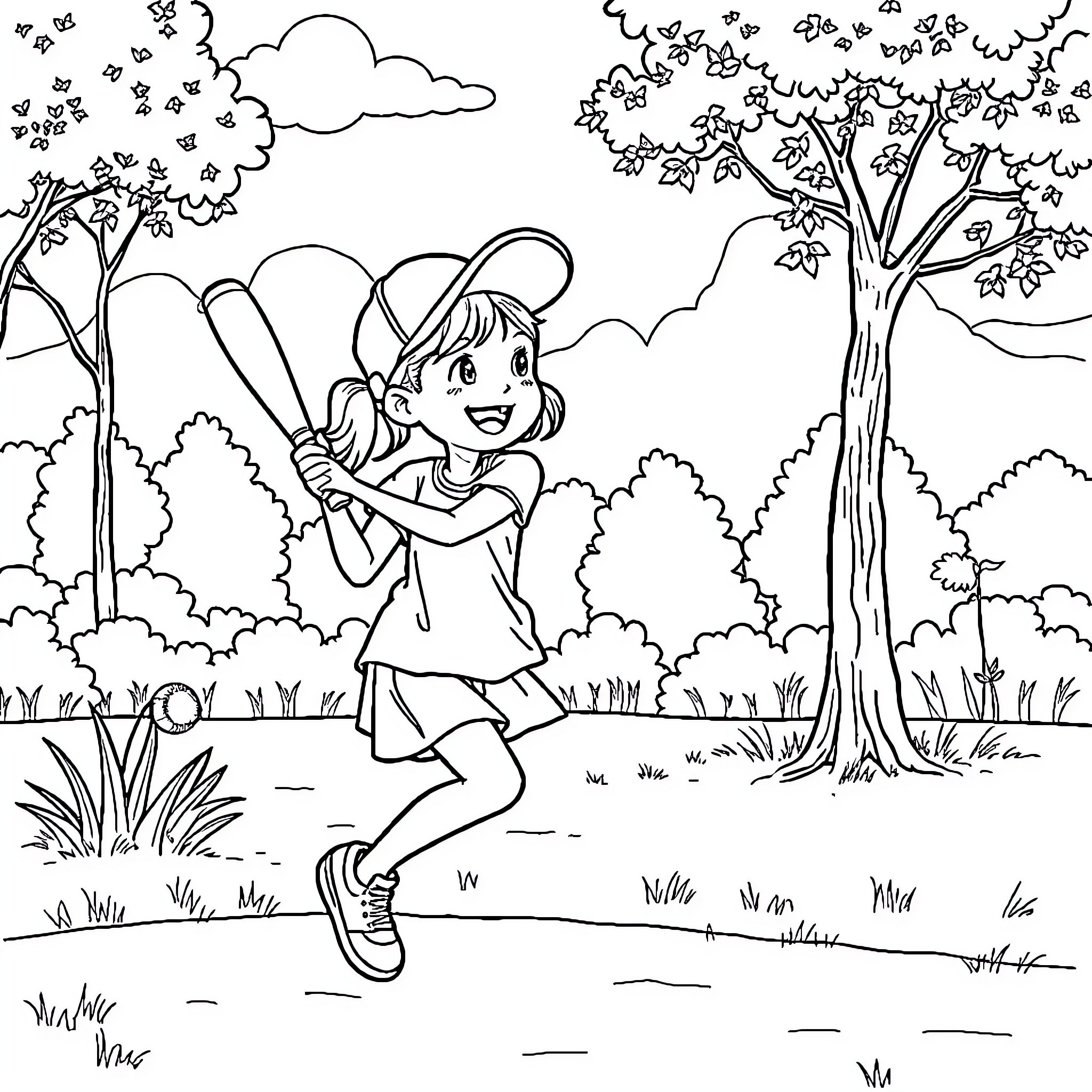 Girl playing with a baseball bat in the park Coloring Page (free black-and-white line drawing printable PDF for all, from beginners to advanced learners, including children, teens, adults, and seniors)