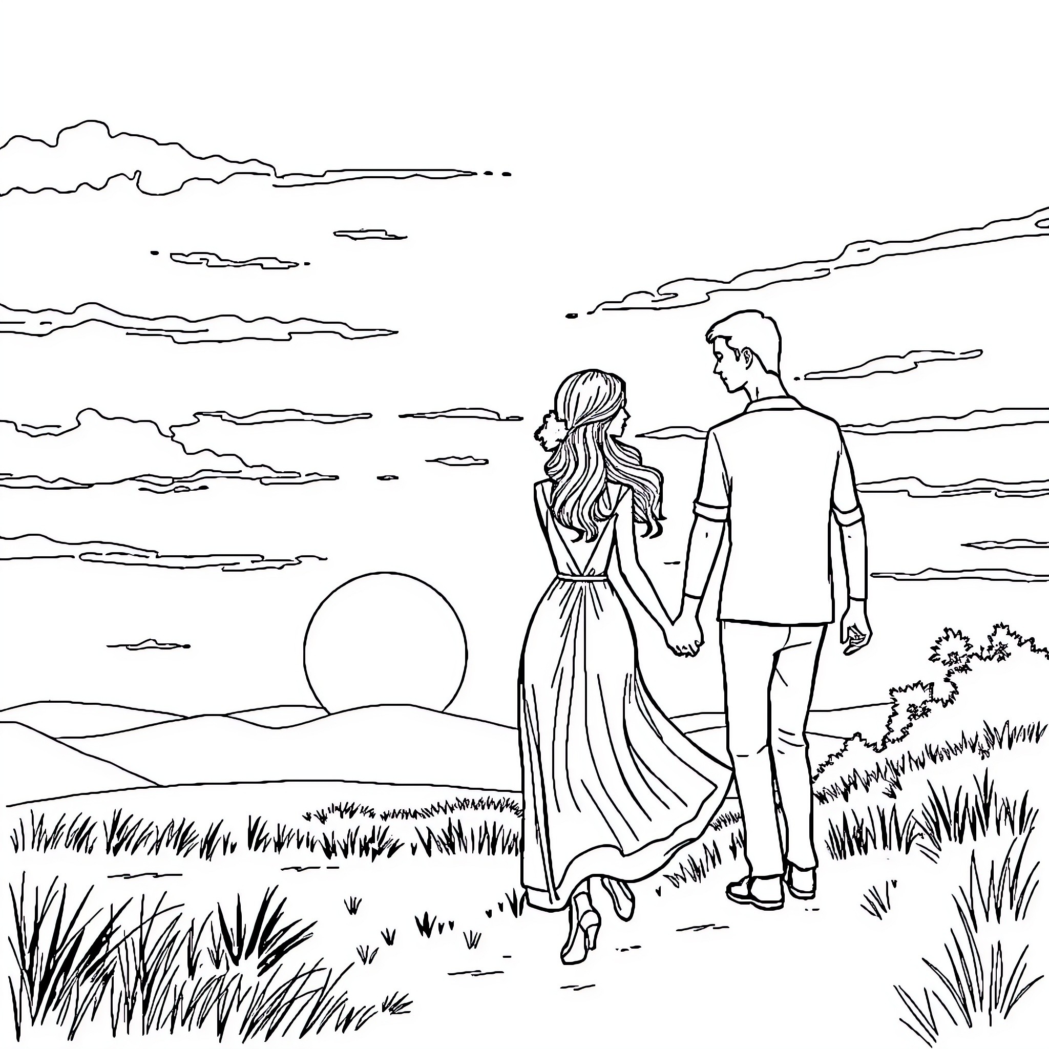 Couple enjoying a romantic sunset stroll Coloring Page (free black-and-white line drawing printable PDF for all, from beginners to advanced learners, including children, teens, adults, and seniors)