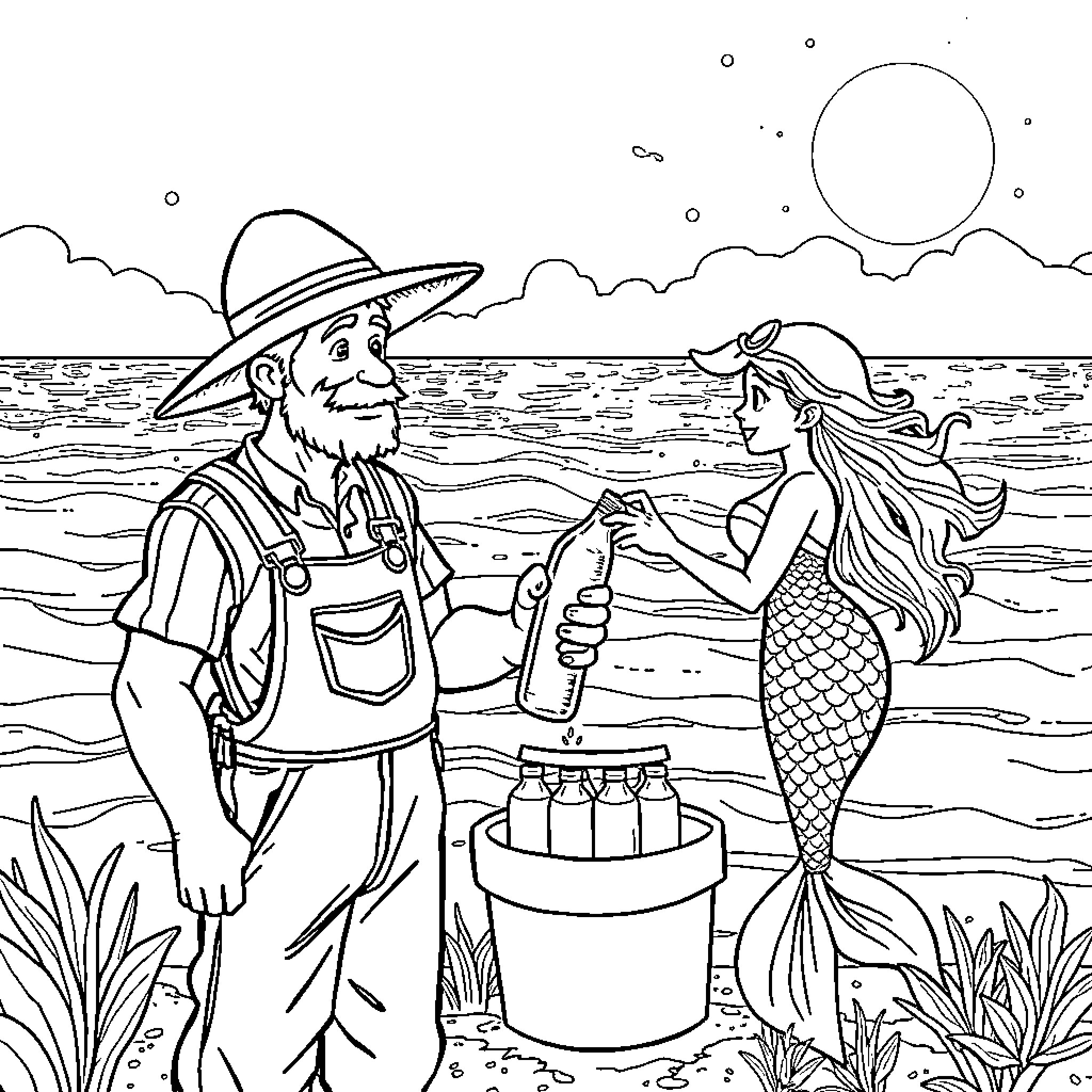 Farmer and Mermaid Cooking on the Beach Coloring Page (free black-and-white line drawing printable PDF for all, from beginners to advanced learners, including children, teens, adults, and seniors)