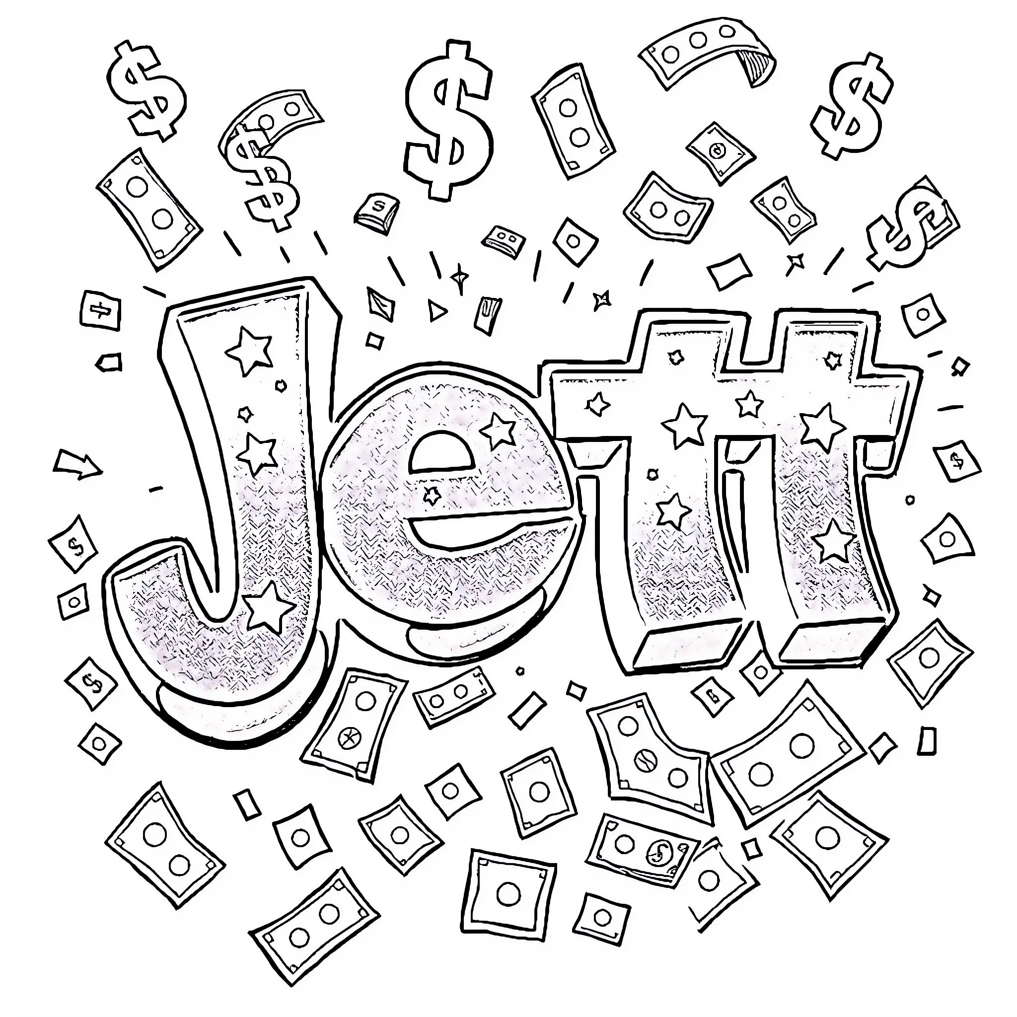 Graffiti Art with Dollar Signs and Money Symbols Coloring Page (free black-and-white line drawing printable PDF for all, from beginners to advanced learners, including children, teens, adults, and seniors)