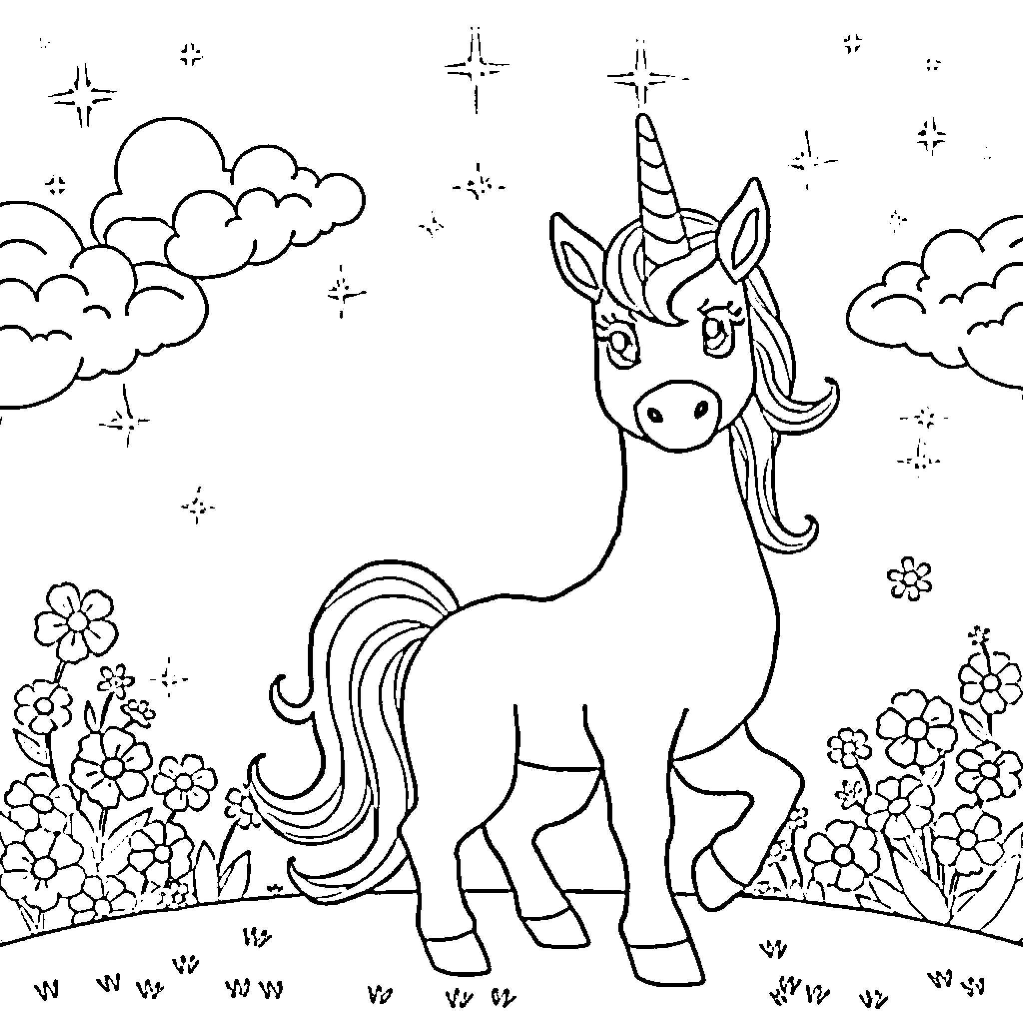 Unicorn standing amidst flowers and clouds Coloring Page (free black-and-white line drawing printable PDF for all, from beginners to advanced learners, including children, teens, adults, and seniors)
