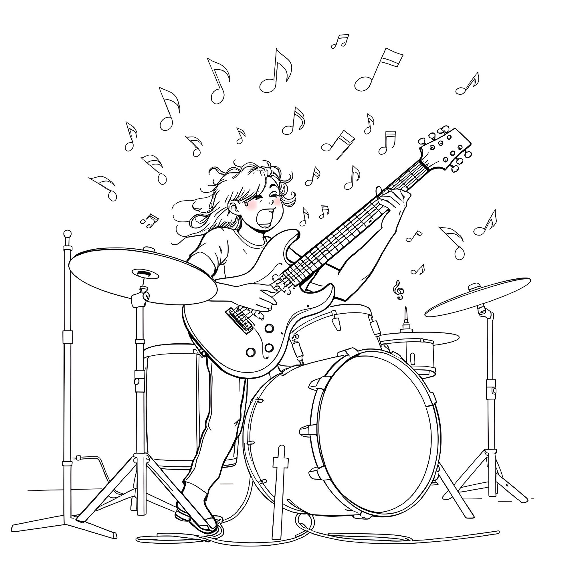 Guitar Player Performing Energetically on Stage Coloring Page (free black-and-white line drawing printable PDF for all, from beginners to advanced learners, including children, teens, adults, and seniors)