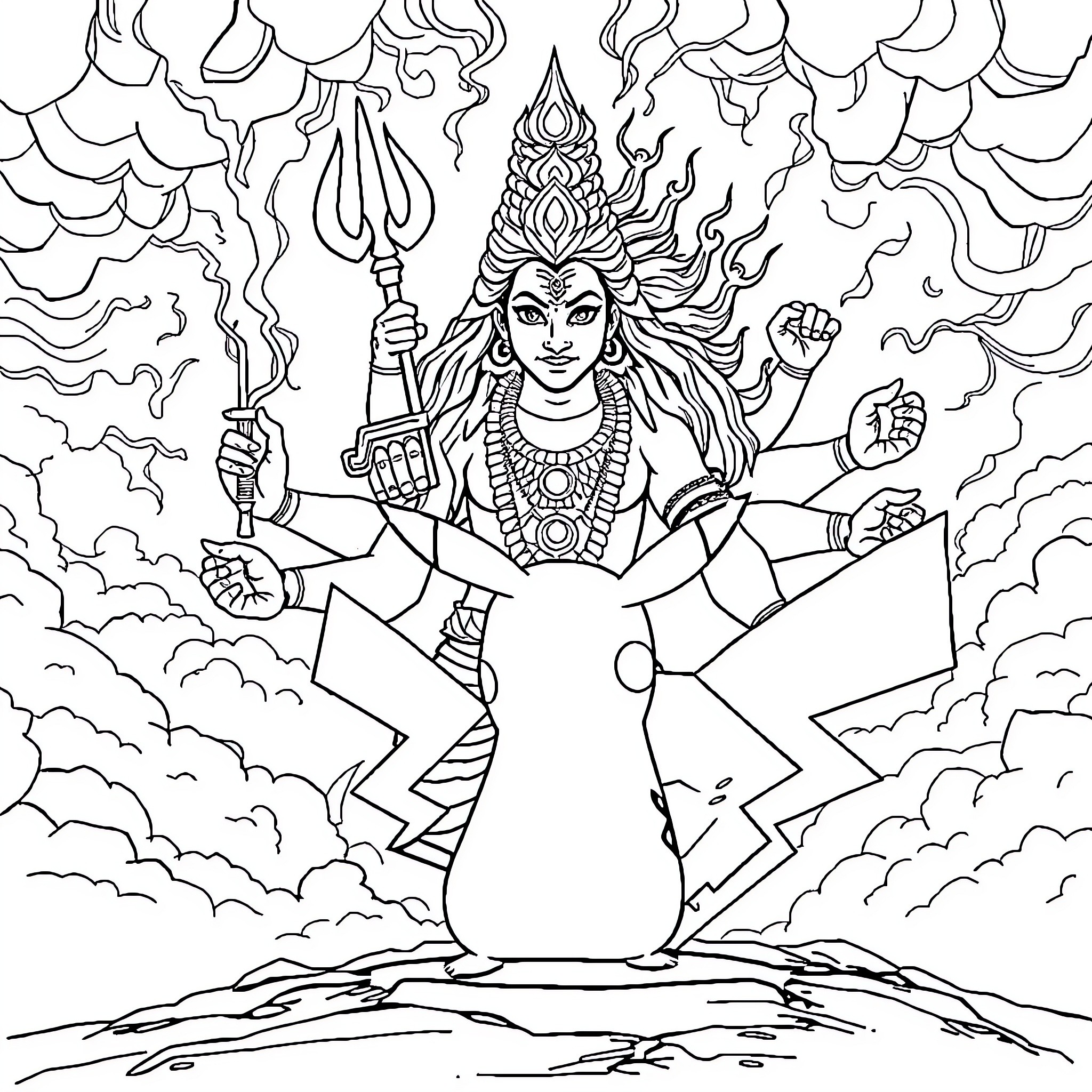 Pikachu Embraces the Power of the Celestial Goddess Coloring Page (free black-and-white line drawing printable PDF for all, from beginners to advanced learners, including children, teens, adults, and seniors)