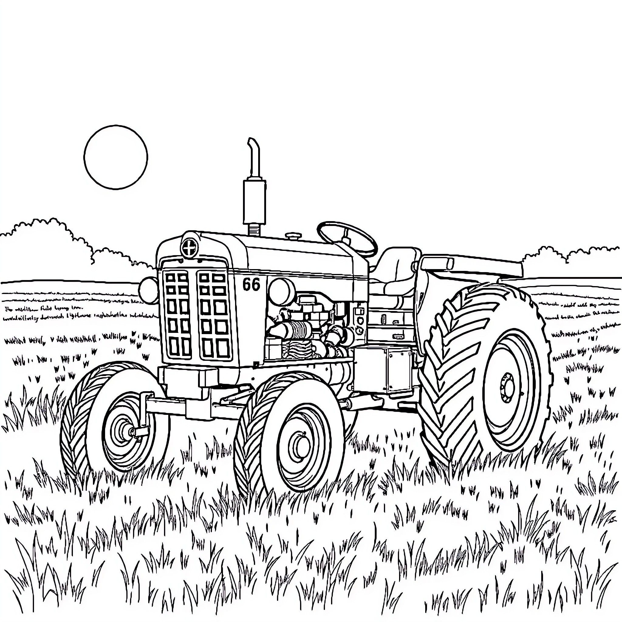 Tractor working in the countryside field Coloring Page (free black-and-white line drawing printable PDF for all, from beginners to advanced learners, including children, teens, adults, and seniors)