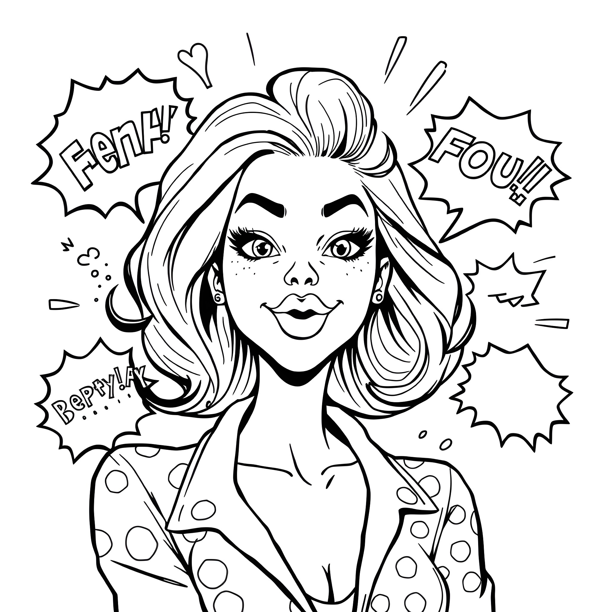 Chick Expressing Excitement with Speech Bubbles Coloring Page (free black-and-white line drawing printable PDF for all, from beginners to advanced learners, including children, teens, adults, and seniors)