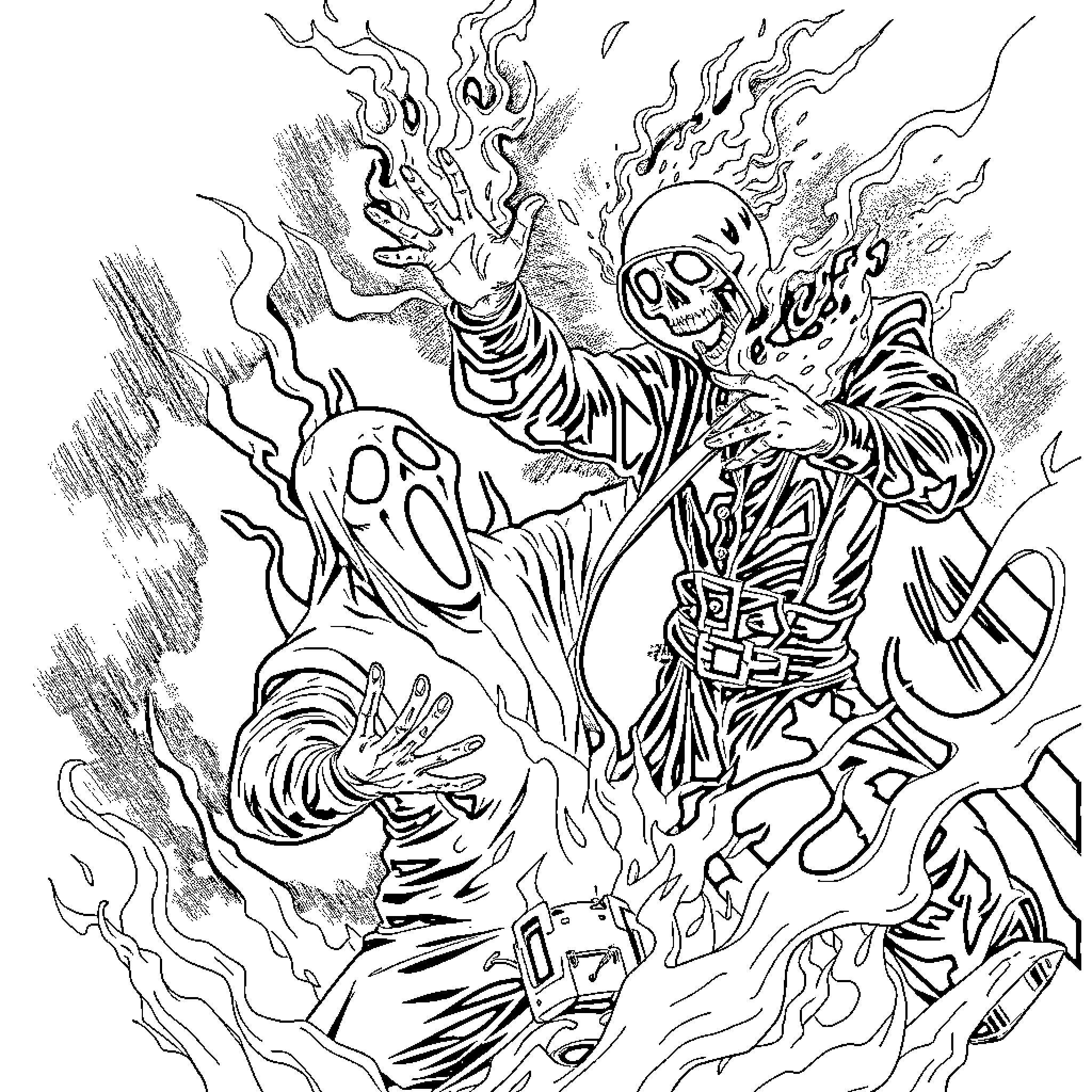 Ghost Skeleton Warrior Battles Fiery Spirits Coloring Page (free black-and-white line drawing printable PDF for all, from beginners to advanced learners, including children, teens, adults, and seniors)