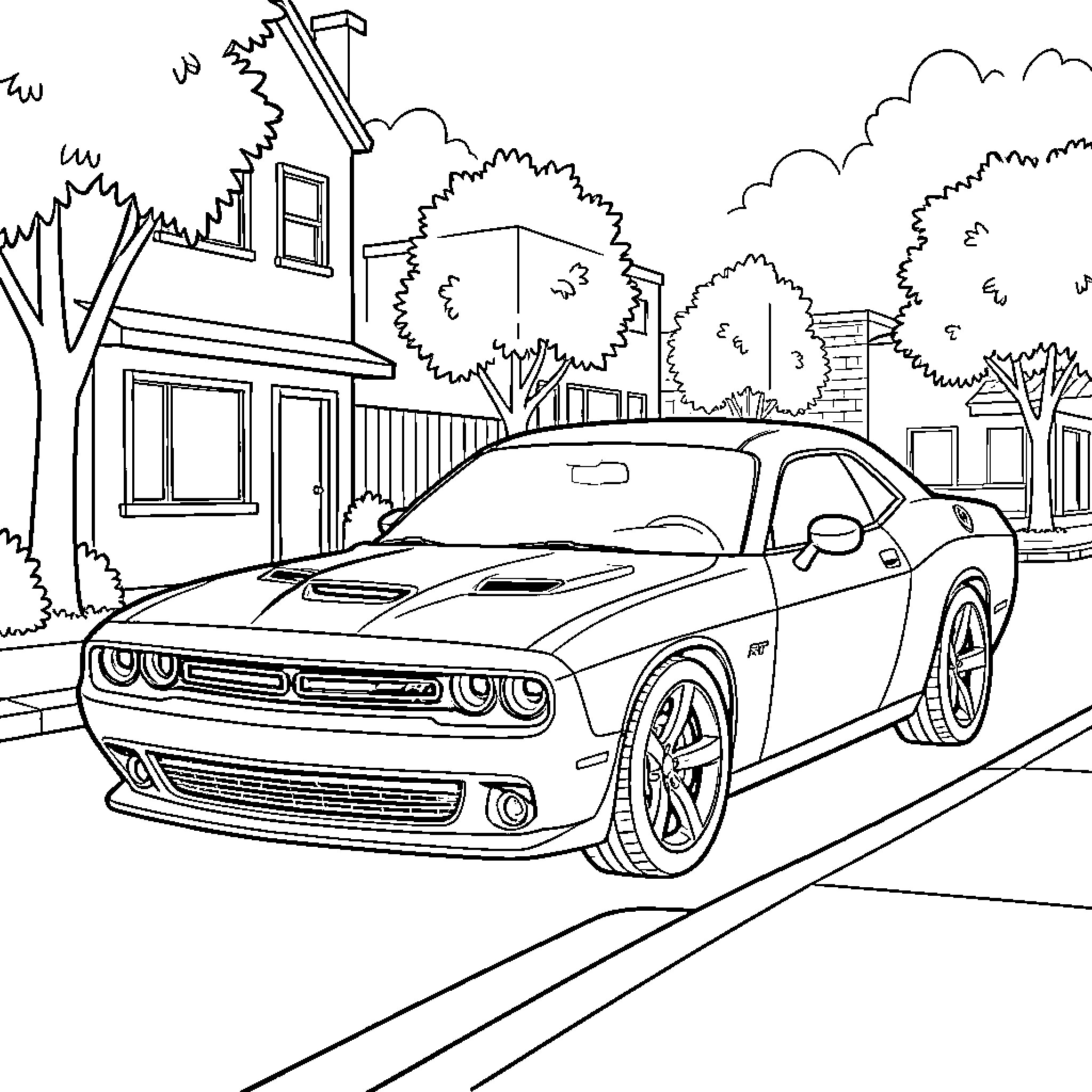 Dodge Challenger parked on a city street Coloring Page (free black-and-white line drawing printable PDF for all, from beginners to advanced learners, including children, teens, adults, and seniors)