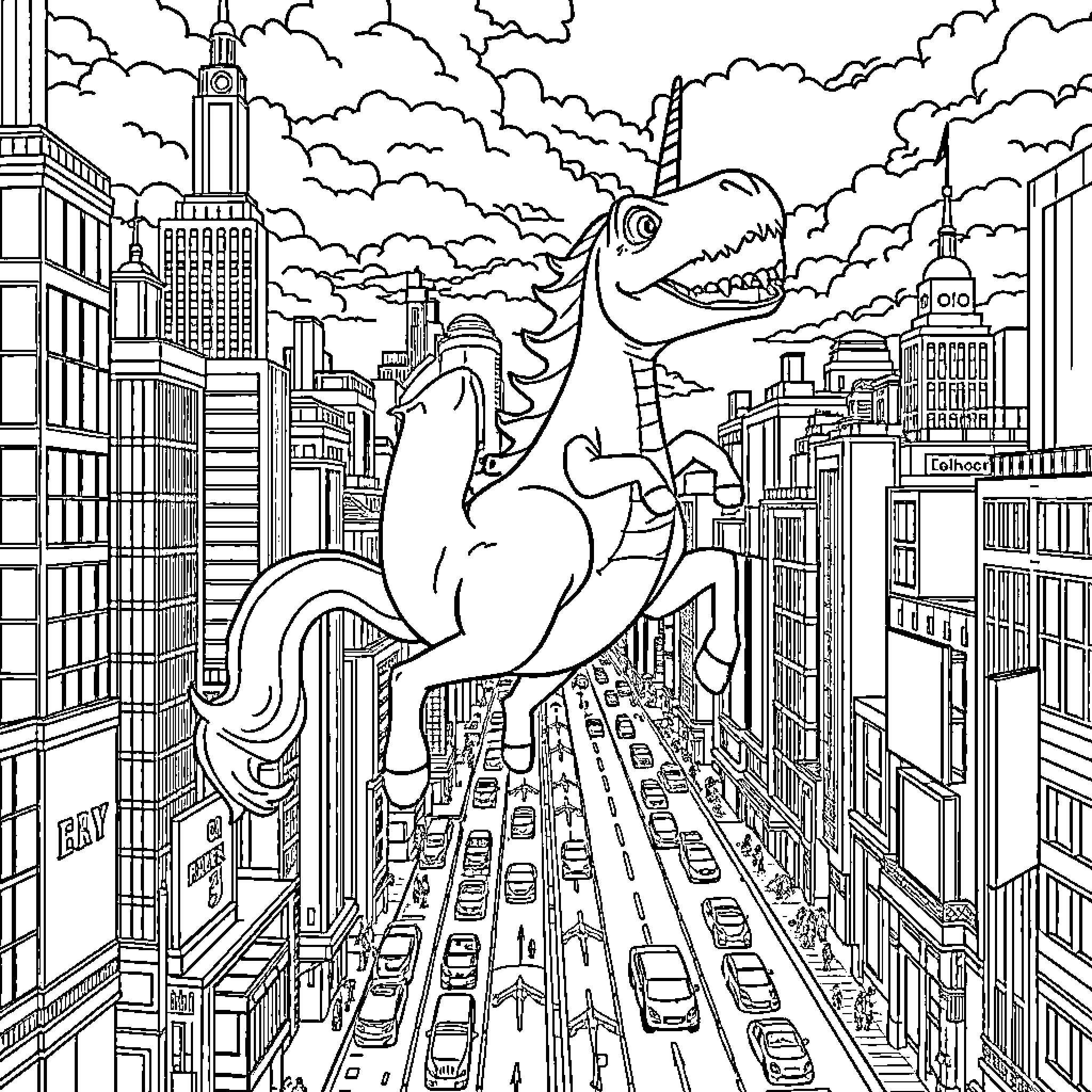 Dinosaur roaming through a bustling cityscape Coloring Page (free black-and-white line drawing printable PDF for all, from beginners to advanced learners, including children, teens, adults, and seniors)