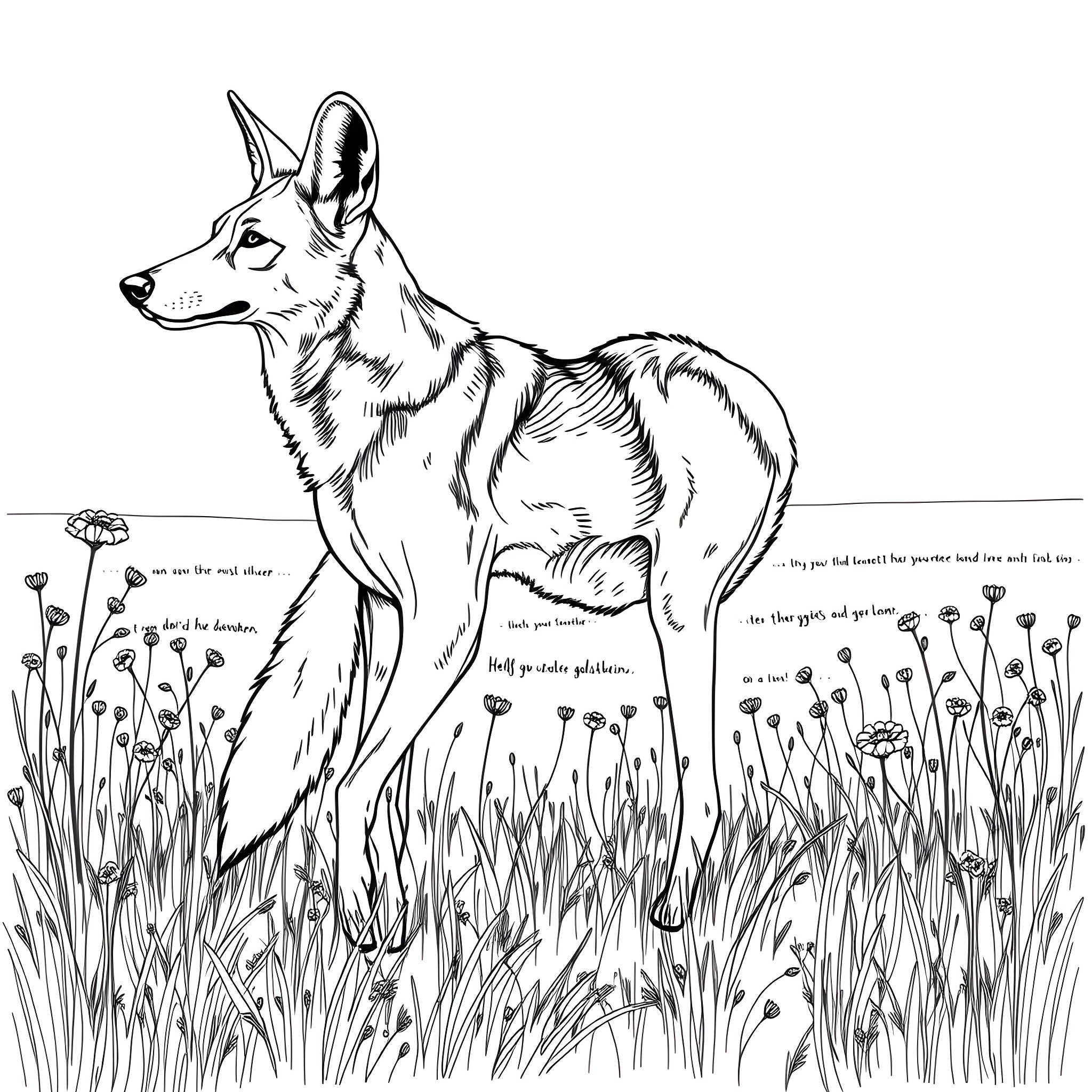Wild Dog Exploring the Lush Wilderness Coloring Page (free black-and-white line drawing printable PDF for all, from beginners to advanced learners, including children, teens, adults, and seniors)