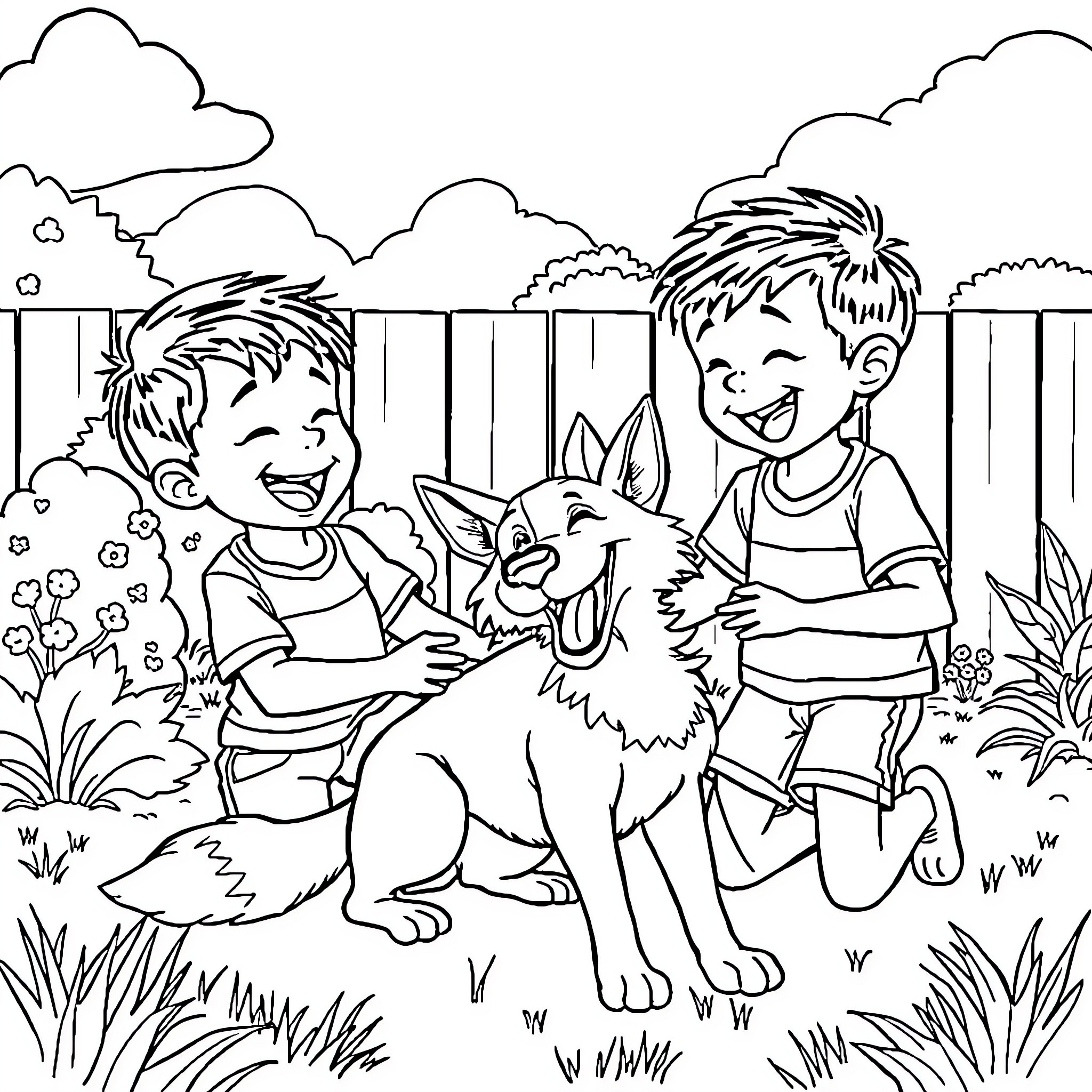 Twin Brothers Playing Happily with Their Pet Coloring Page (free black-and-white line drawing printable PDF for all, from beginners to advanced learners, including children, teens, adults, and seniors)
