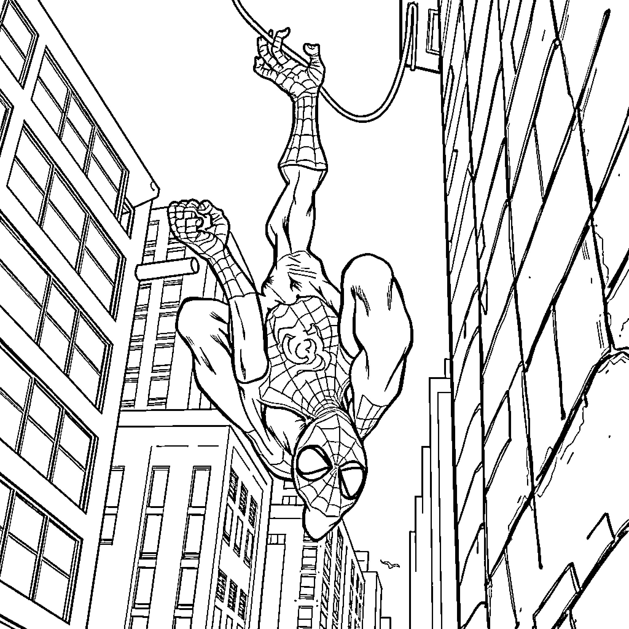 Spider-Man swinging through the city streets Coloring Page (free black-and-white line drawing printable PDF for all, from beginners to advanced learners, including children, teens, adults, and seniors)