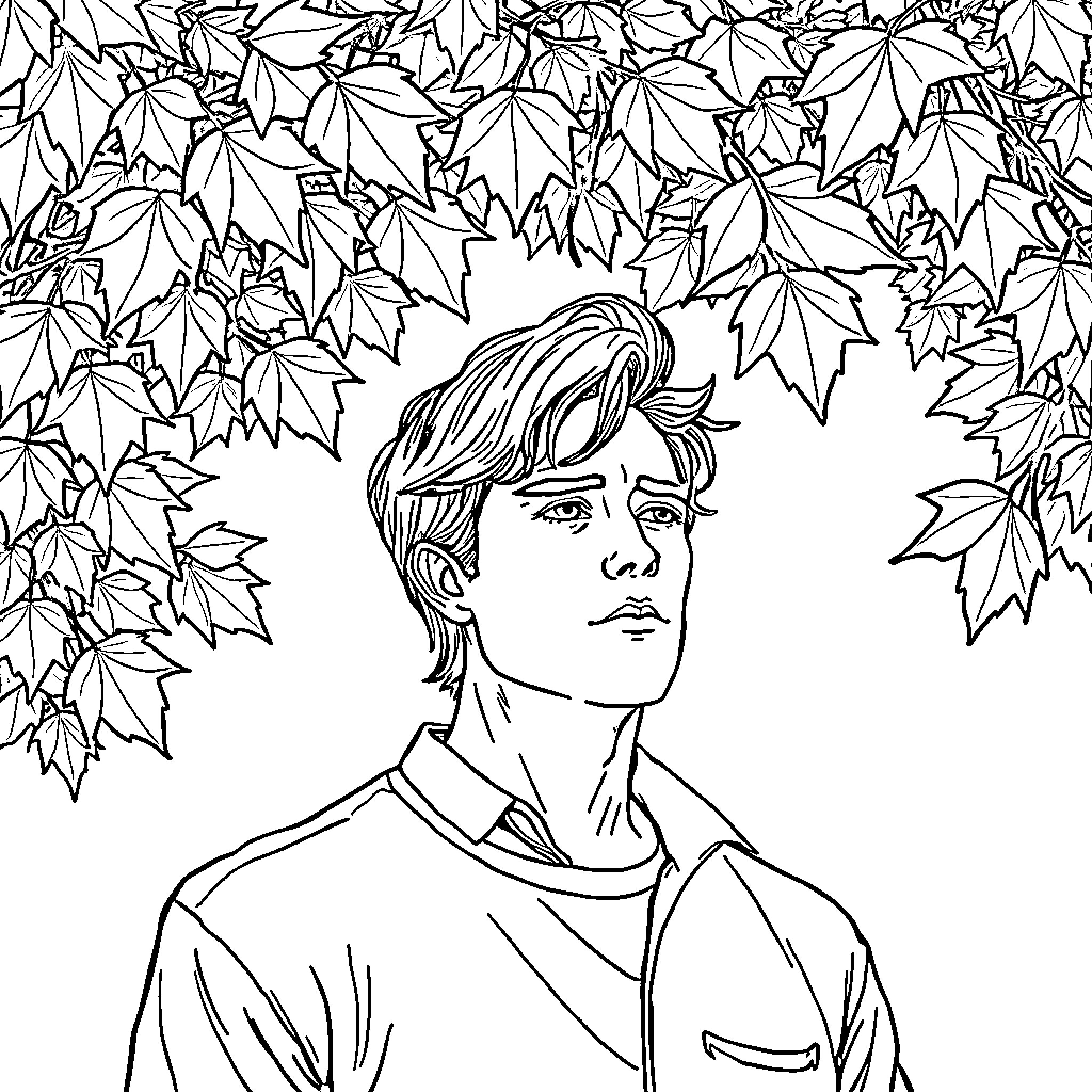 Man surrounded by autumn leaves Coloring Page (free black-and-white line drawing printable PDF for all, from beginners to advanced learners, including children, teens, adults, and seniors)