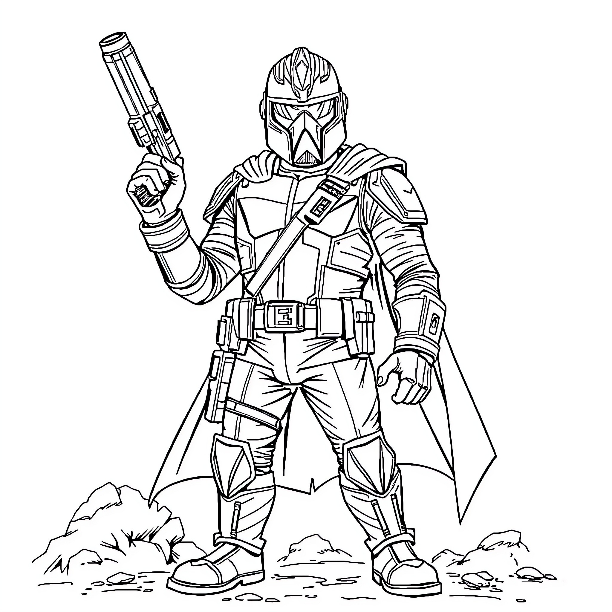 Star Lord in Futuristic Warrior Gear Coloring Page (free black-and-white line drawing printable PDF for all, from beginners to advanced learners, including children, teens, adults, and seniors)