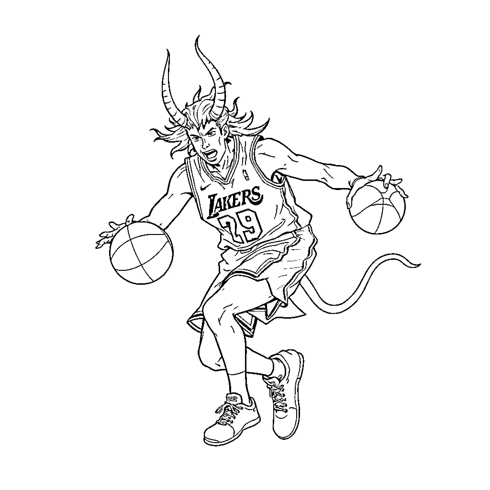 Nezuko playing basketball with a demonic flair Coloring Page (free black-and-white line drawing printable PDF for all, from beginners to advanced learners, including children, teens, adults, and seniors)