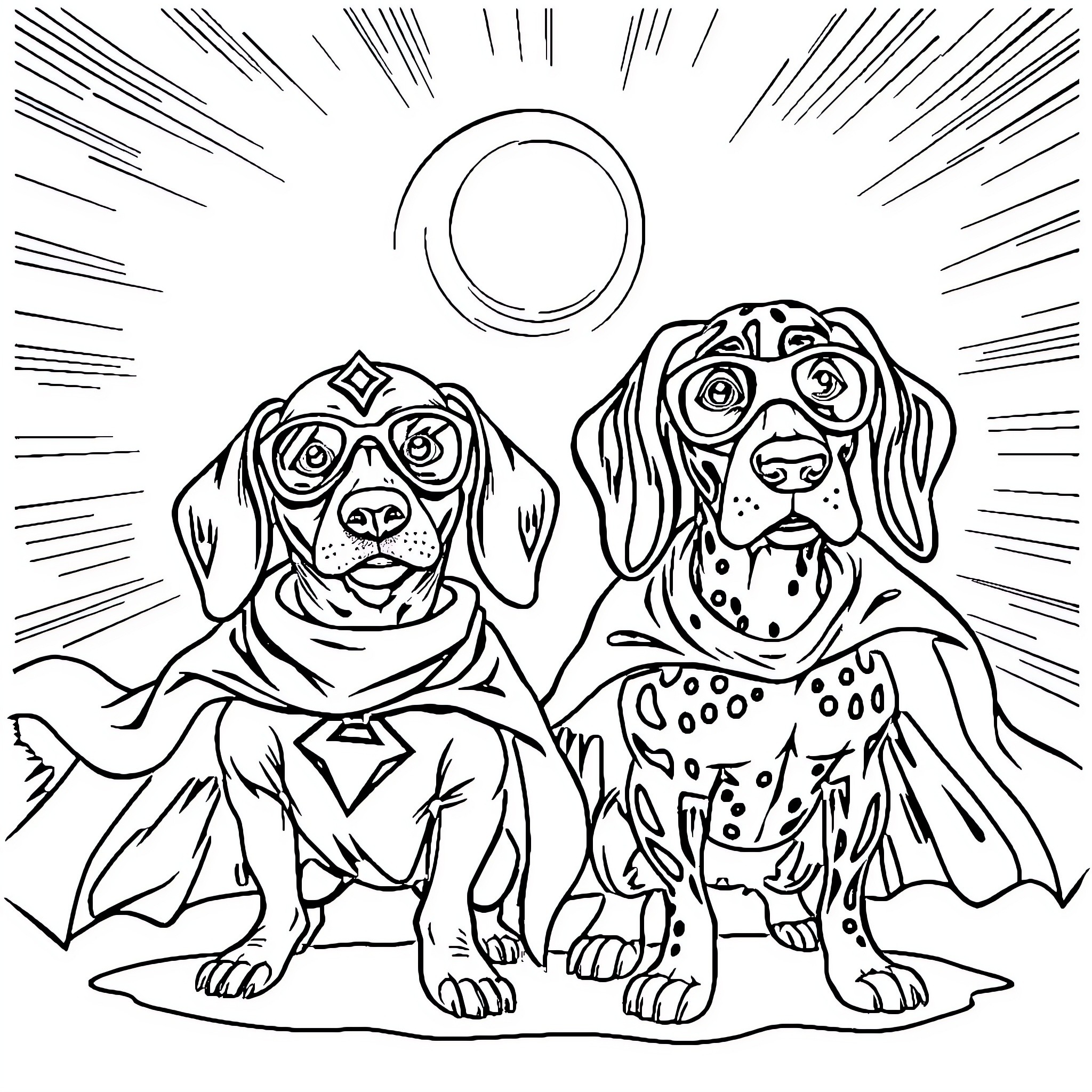 Dogs wearing funny sunglasses in the sun Coloring Page (free black-and-white line drawing printable PDF for all, from beginners to advanced learners, including children, teens, adults, and seniors)
