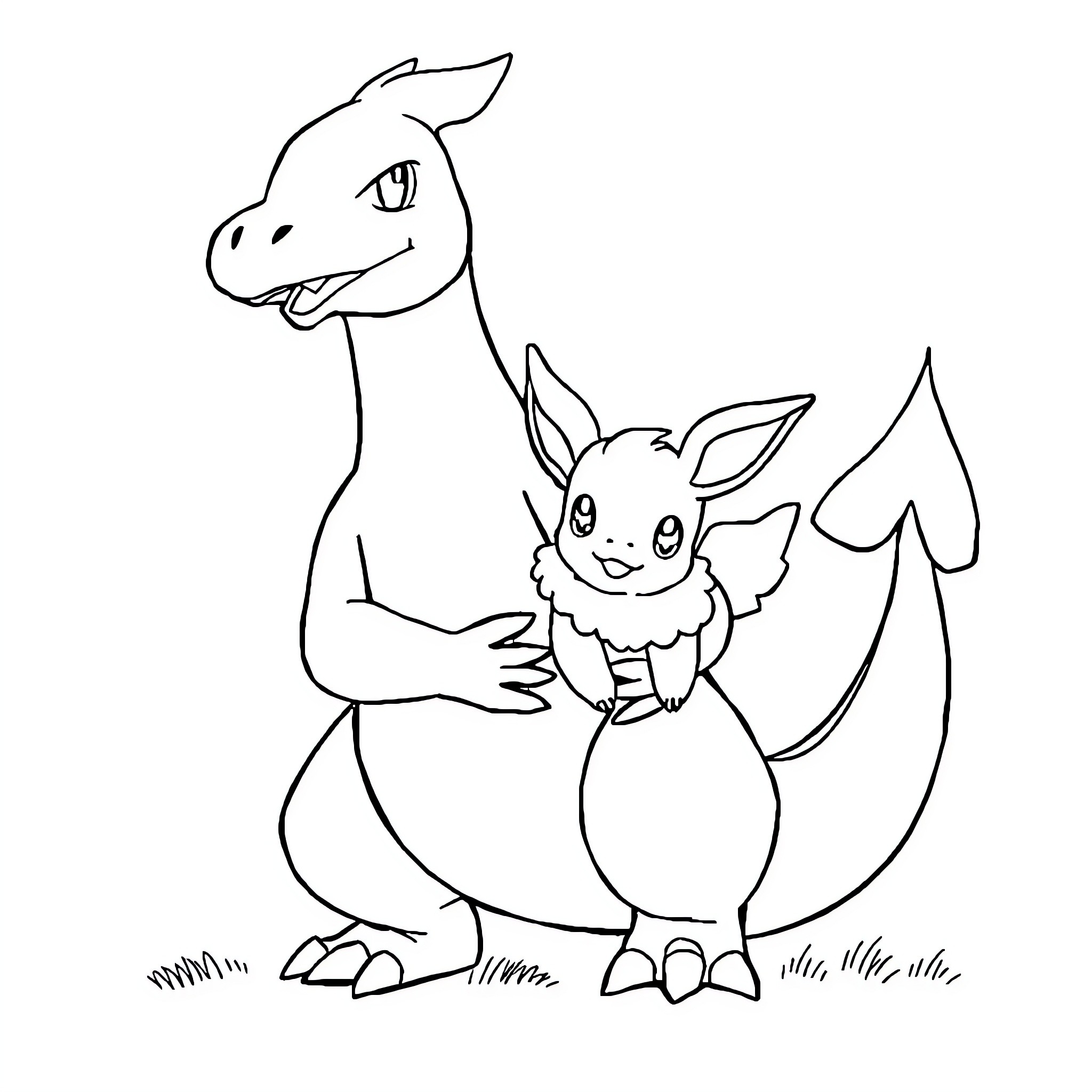 Charizard protecting a small Eevee Coloring Page (free black-and-white line drawing printable PDF for all, from beginners to advanced learners, including children, teens, adults, and seniors)