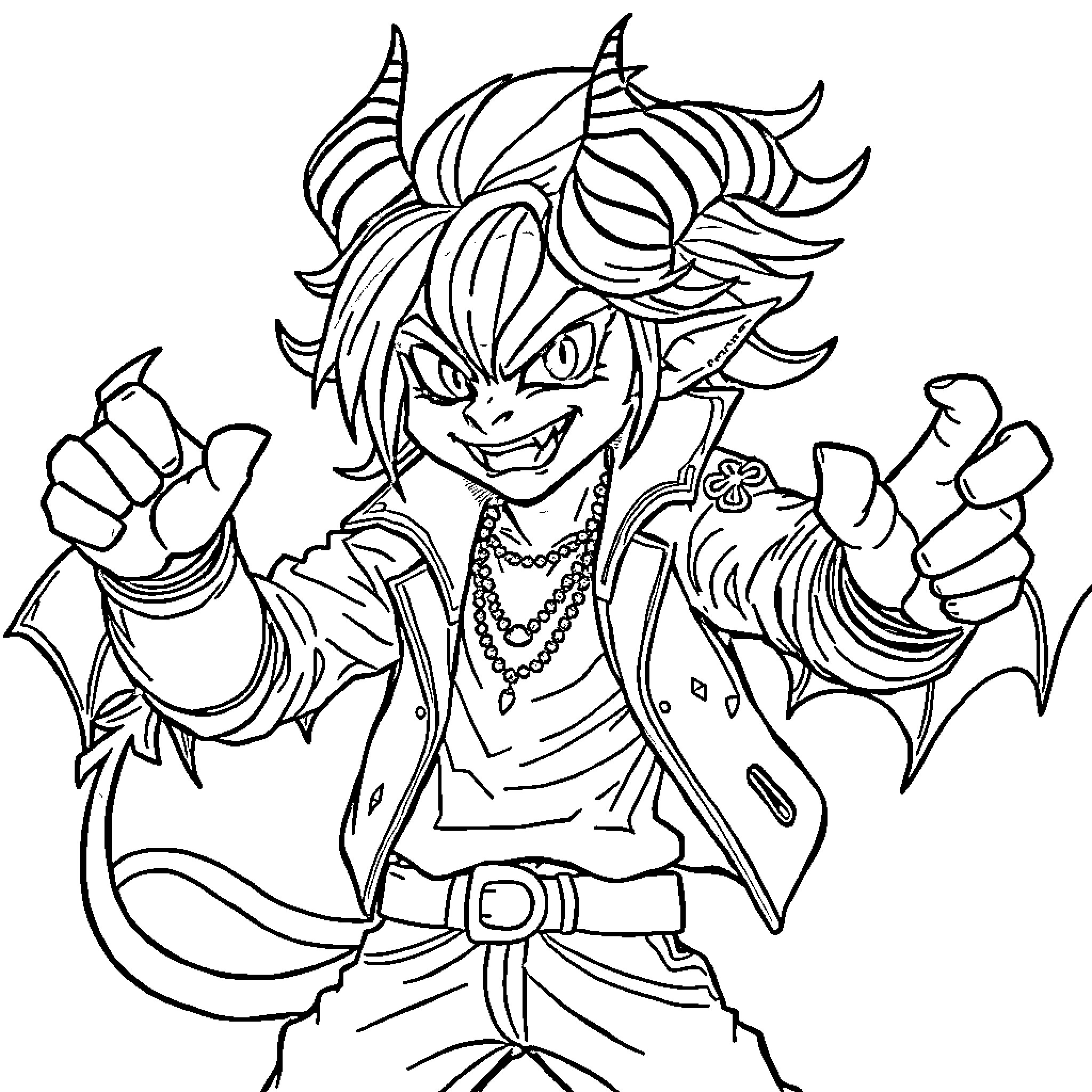 Demon with mischievous expression striking a pose Coloring Page (free black-and-white line drawing printable PDF for all, from beginners to advanced learners, including children, teens, adults, and seniors)