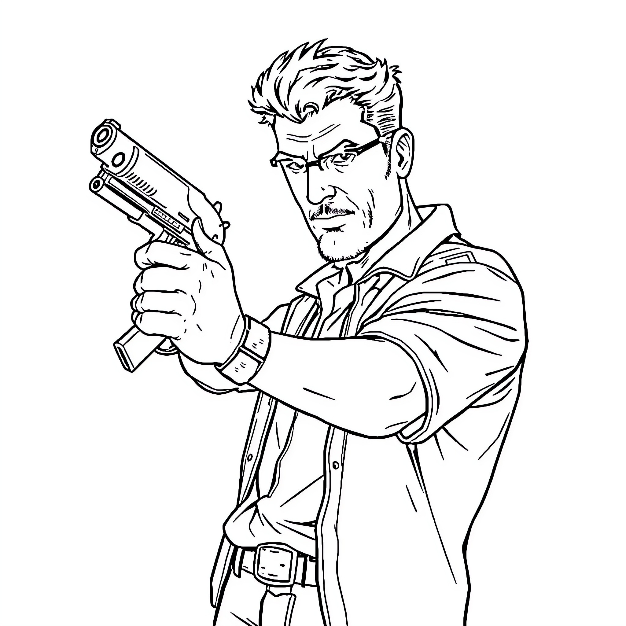 Taco Spy Aiming Weapon in Thriller Scene Coloring Page (free black-and-white line drawing printable PDF for all, from beginners to advanced learners, including children, teens, adults, and seniors)