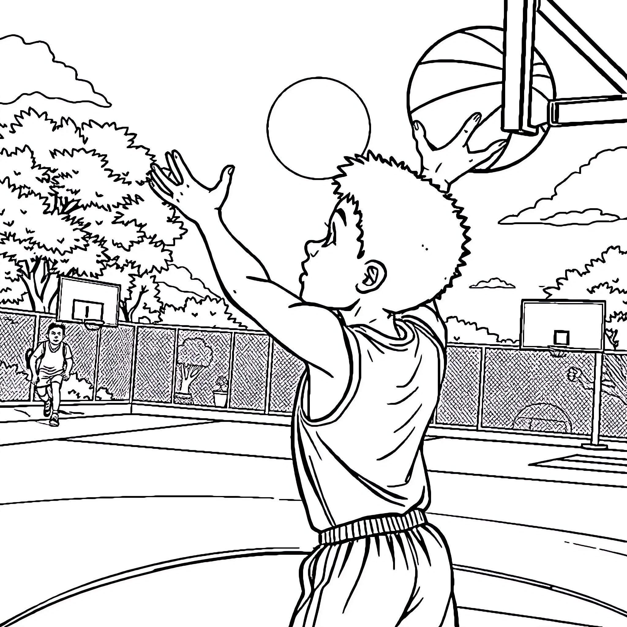 Kid playing basketball on outdoor court Coloring Page (free black-and-white line drawing printable PDF for all, from beginners to advanced learners, including children, teens, adults, and seniors)
