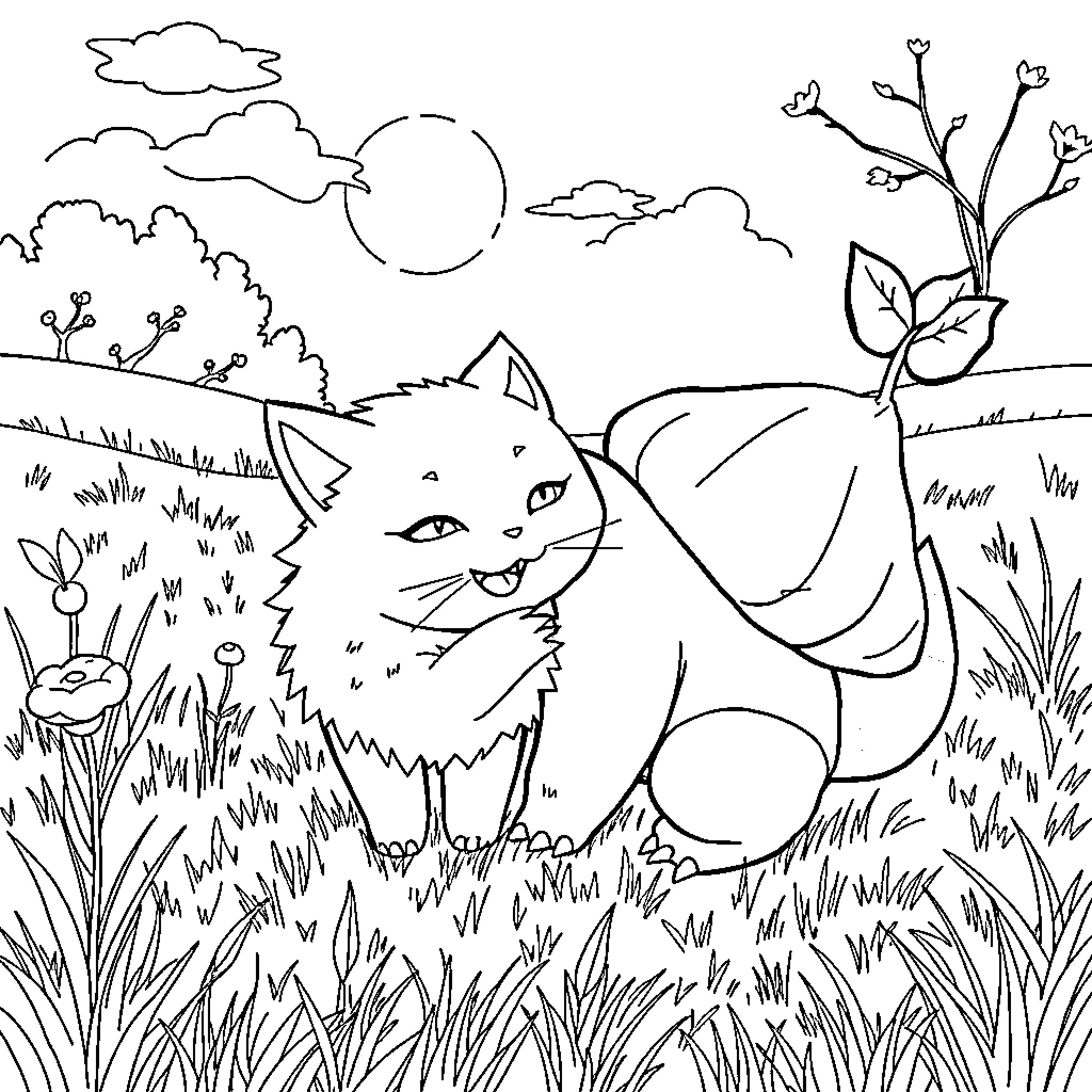 Bulbasaur exploring a serene natural landscape Coloring Page (free black-and-white line drawing printable PDF for all, from beginners to advanced learners, including children, teens, adults, and seniors)