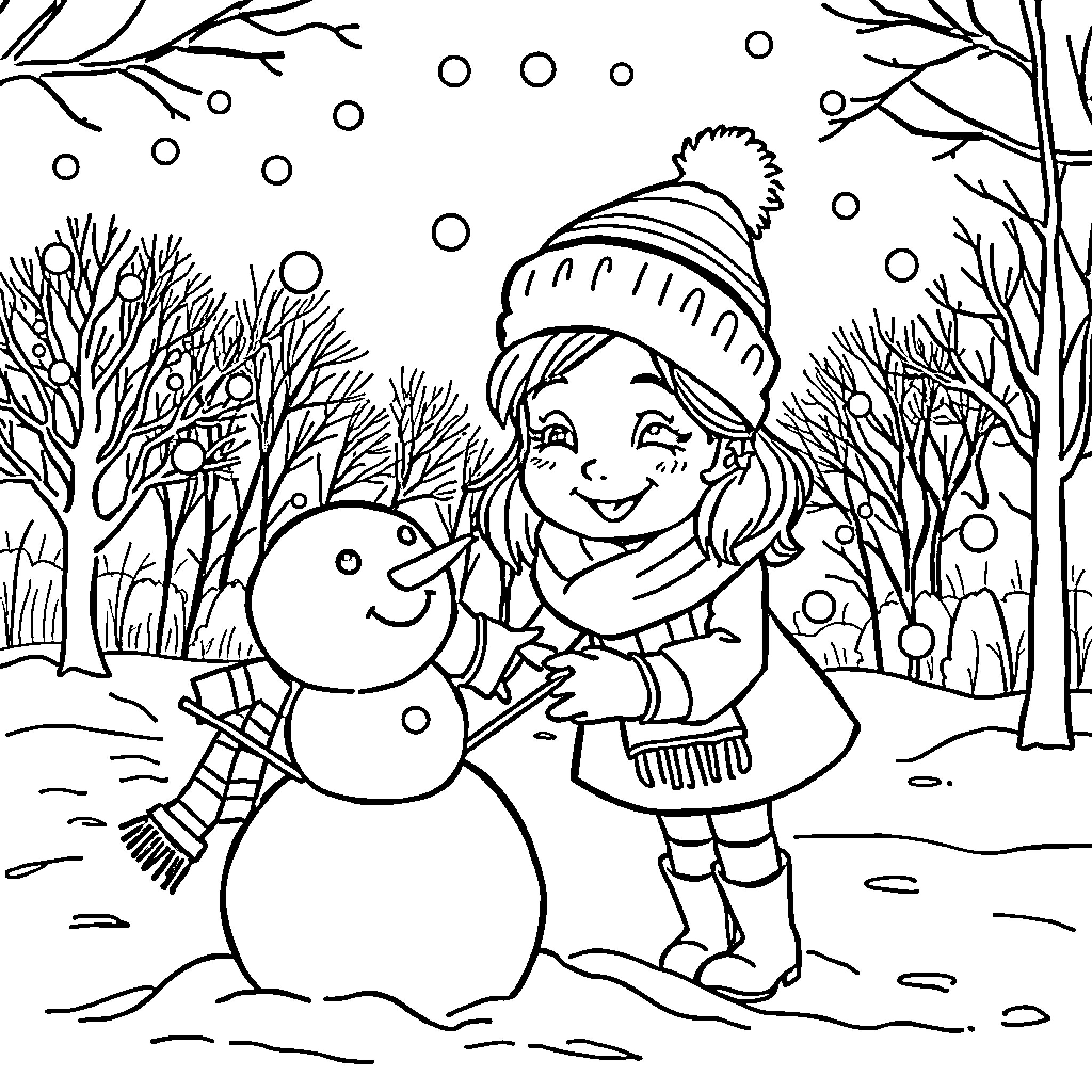 Miss Rachel Builds a Snowman in the Winter Wonderland Coloring Page (free black-and-white line drawing printable PDF for all, from beginners to advanced learners, including children, teens, adults, and seniors)