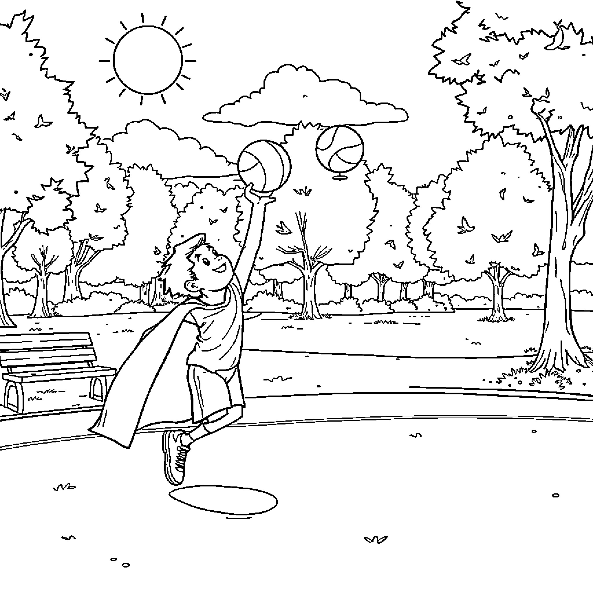 Boy playing basketball in the park Coloring Page (free black-and-white line drawing printable PDF for all, from beginners to advanced learners, including children, teens, adults, and seniors)