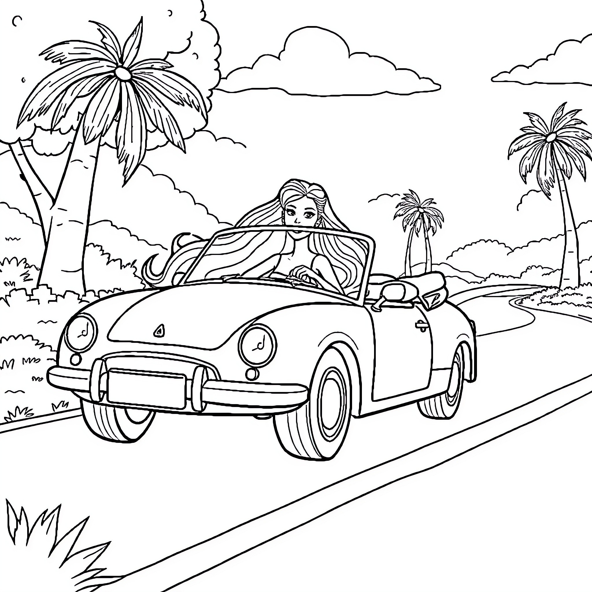 Barbie driving a convertible car on a tropical road Coloring Page (free black-and-white line drawing printable PDF for all, from beginners to advanced learners, including children, teens, adults, and seniors)