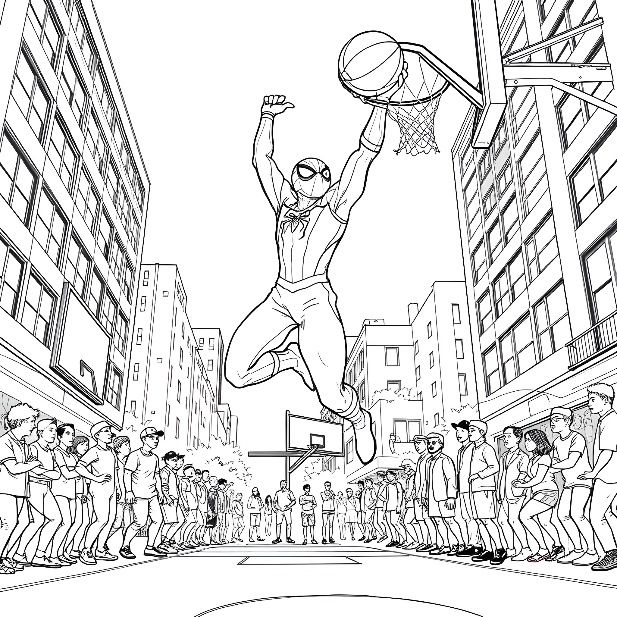 Spiderman leaping and dunking a basketball in the city Coloring Page (free black-and-white line drawing printable PDF for all, from beginners to advanced learners, including children, teens, adults, and seniors)