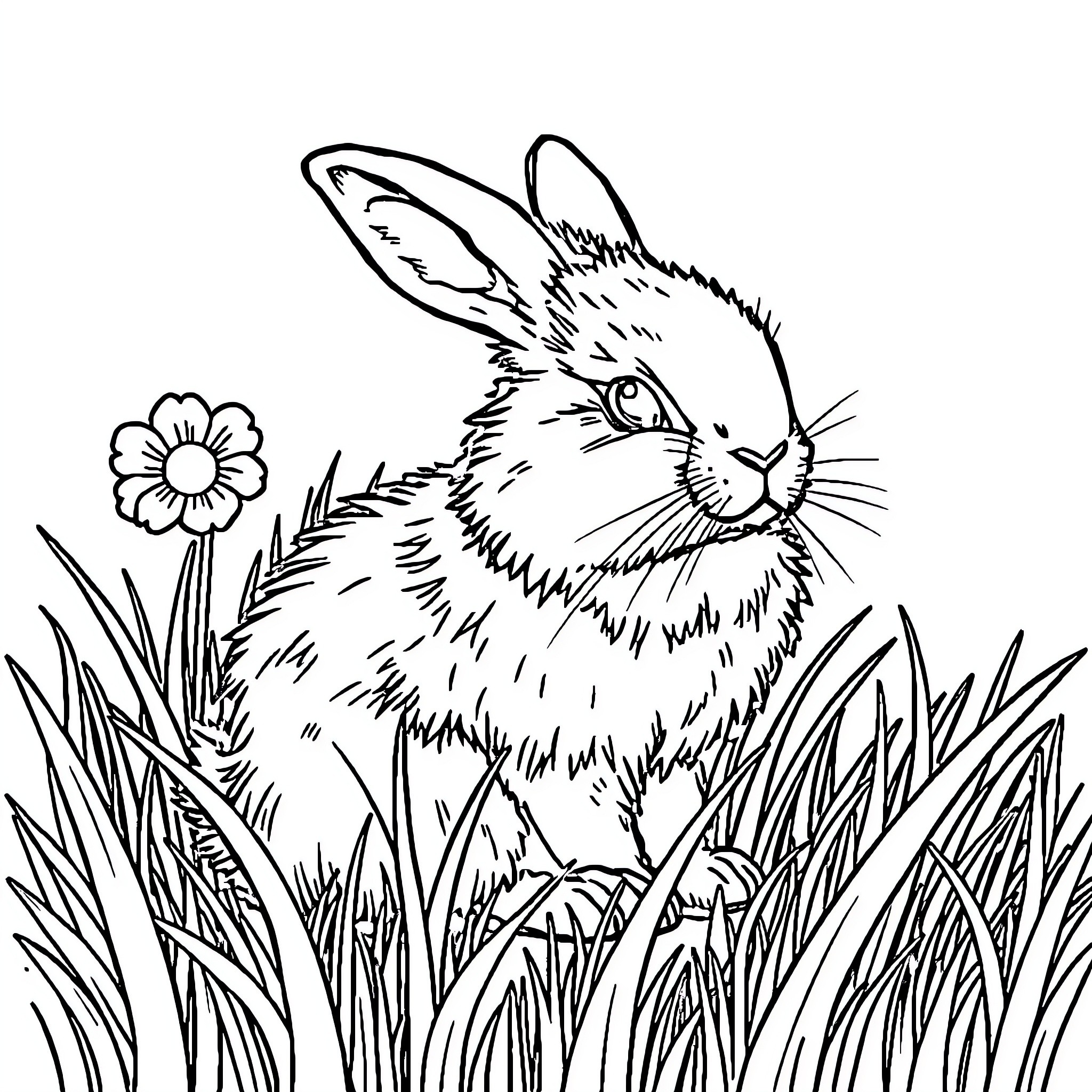 Rabbit hiding in grassy meadow with flower Coloring Page (free black-and-white line drawing printable PDF for all, from beginners to advanced learners, including children, teens, adults, and seniors)
