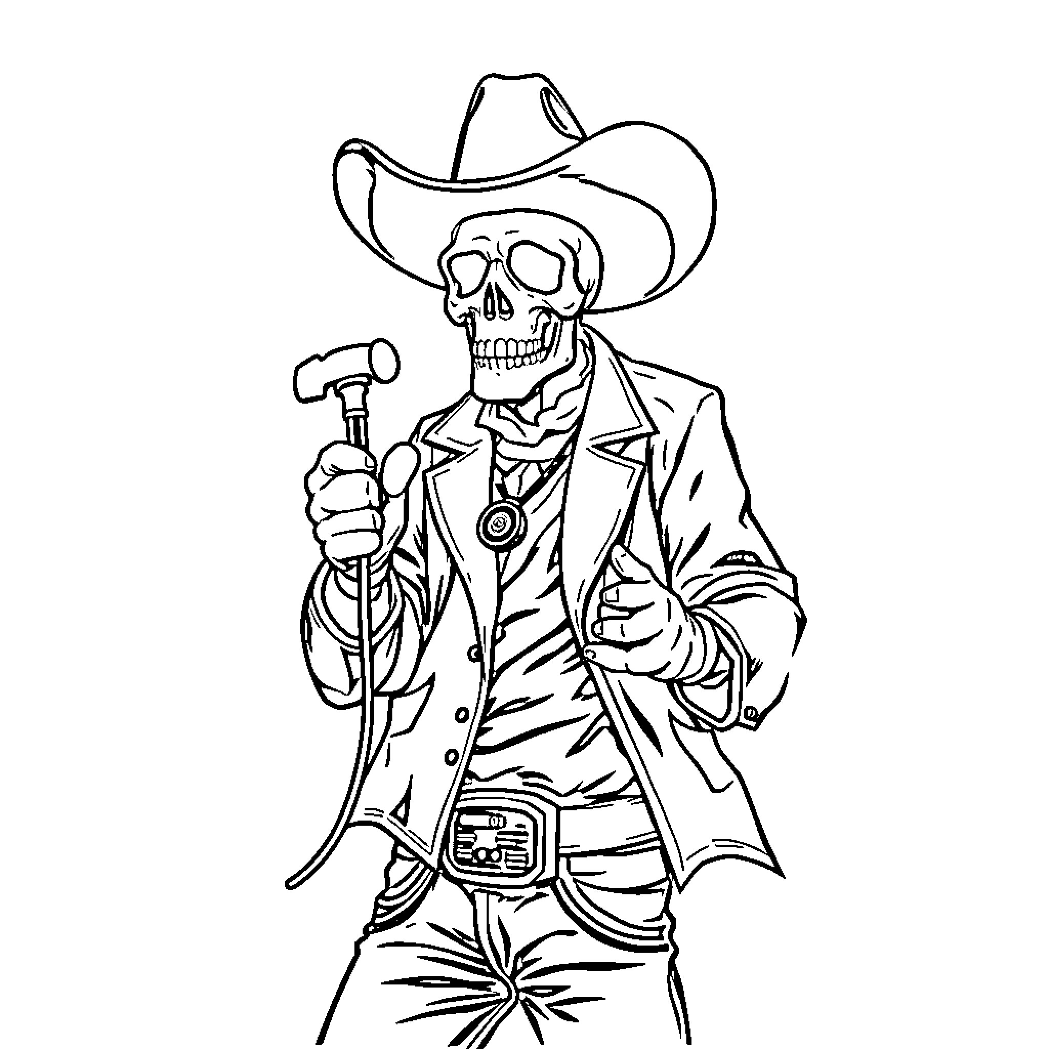 T-Shirt Skull Cowboy Holding Hammer Coloring Page (free black-and-white line drawing printable PDF for all, from beginners to advanced learners, including children, teens, adults, and seniors)