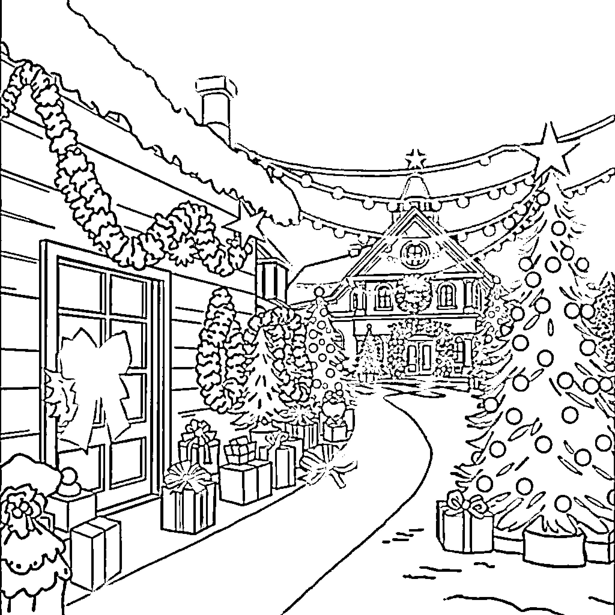 Noel's Festive Winter Wonderland Coloring Page (free black-and-white line drawing printable PDF for all, from beginners to advanced learners, including children, teens, adults, and seniors)