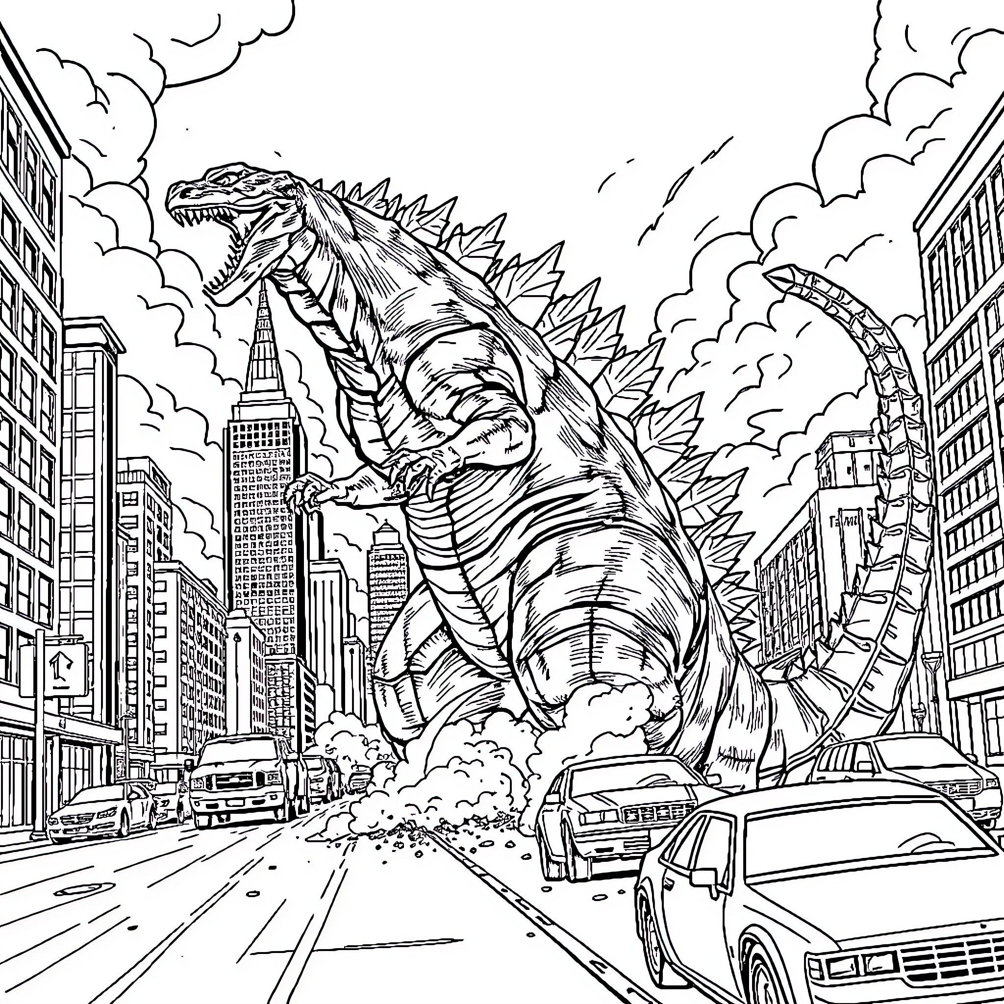 Godzilla's Rampage Through the Bustling City Coloring Page (free black-and-white line drawing printable PDF for all, from beginners to advanced learners, including children, teens, adults, and seniors)
