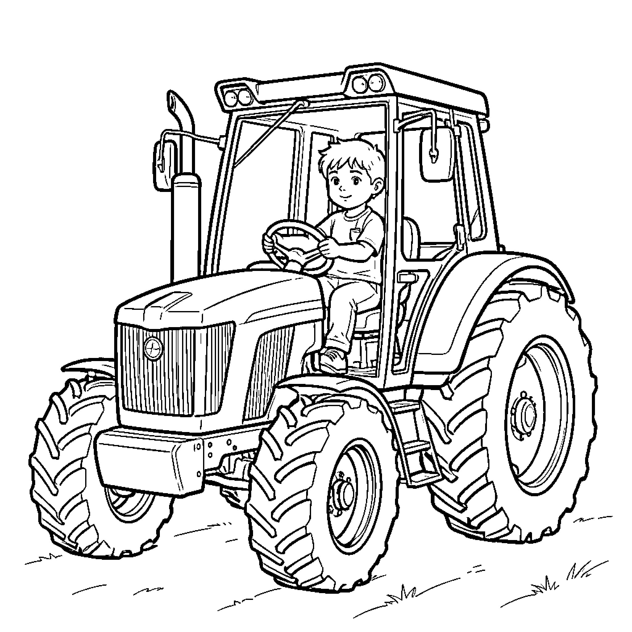 Tractor driven by a young boy Coloring Page (free black-and-white line drawing printable PDF for all, from beginners to advanced learners, including children, teens, adults, and seniors)