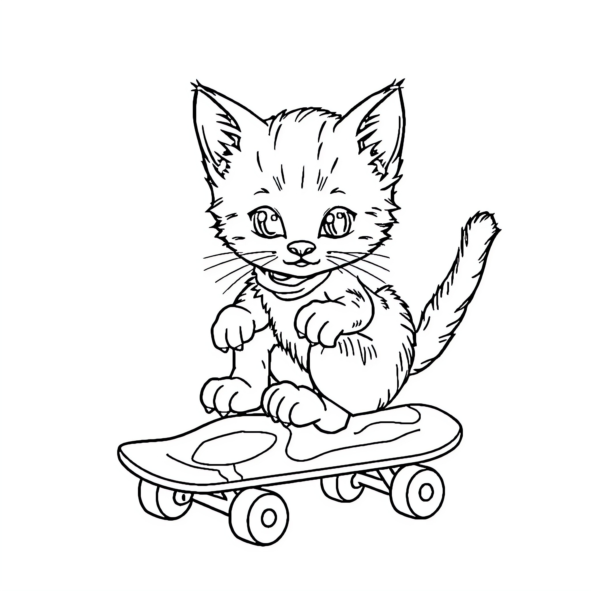 Cat riding a skateboard Coloring Page (free black-and-white line drawing printable PDF for all, from beginners to advanced learners, including children, teens, adults, and seniors)