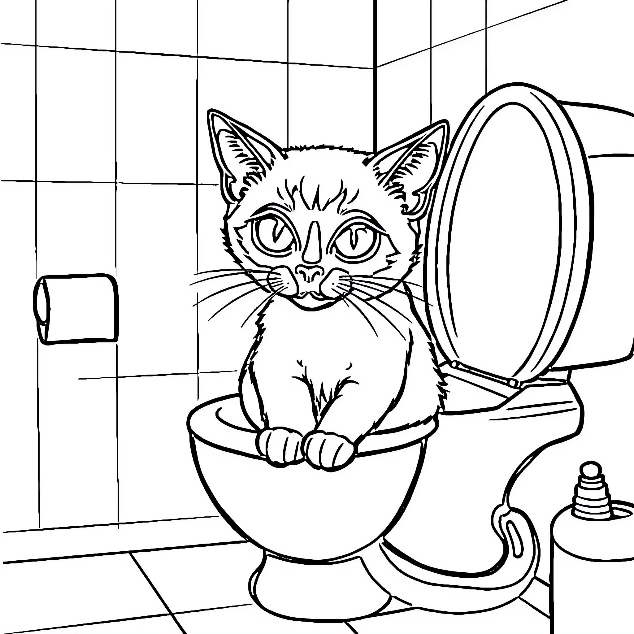 Siamese Cat Peeking from Toilet Bowl Coloring Page (free black-and-white line drawing printable PDF for all, from beginners to advanced learners, including children, teens, adults, and seniors)