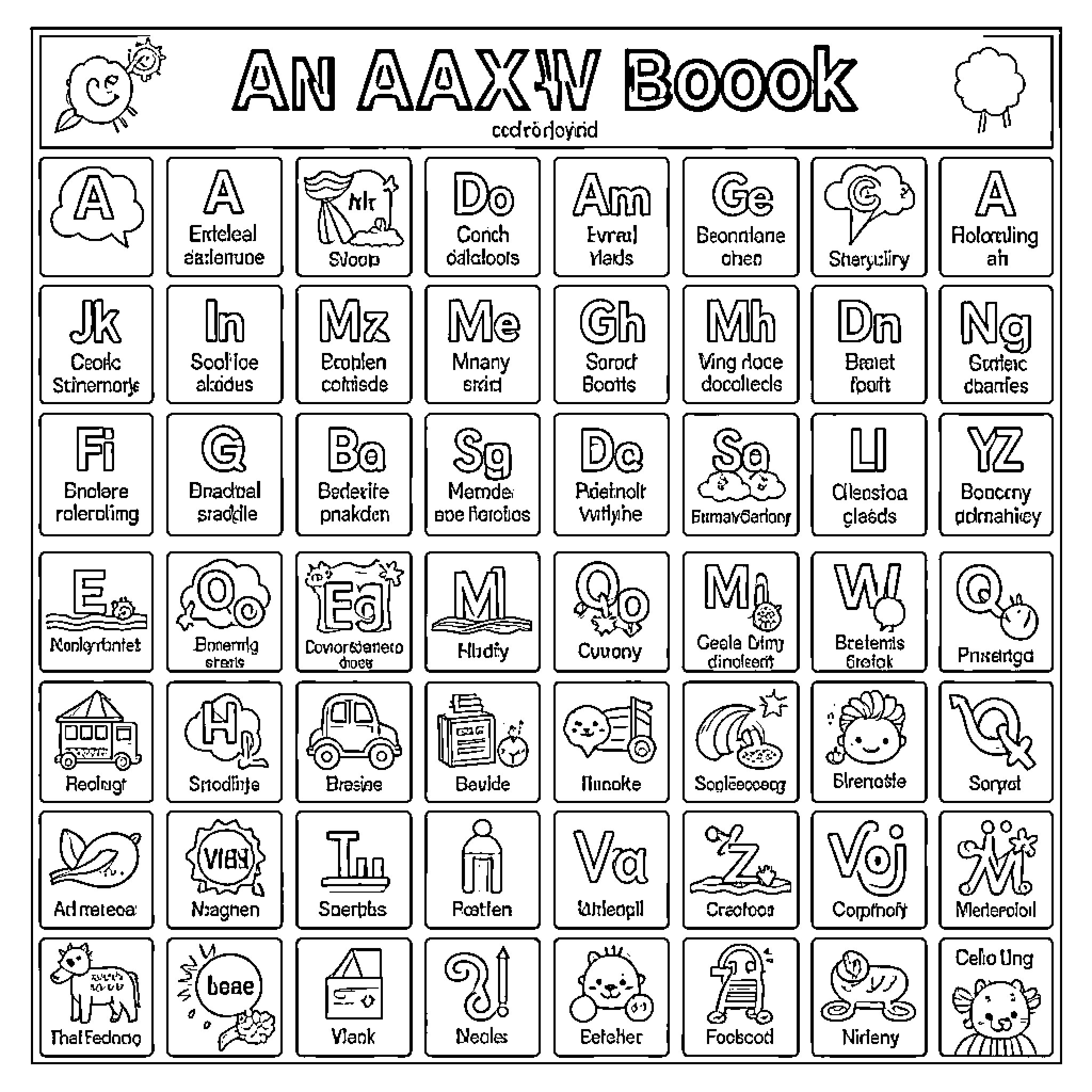 A-Z alphabet grid with various whimsical illustrations and characters Coloring Page (free black-and-white line drawing printable PDF for all, from beginners to advanced learners, including children, teens, adults, and seniors)