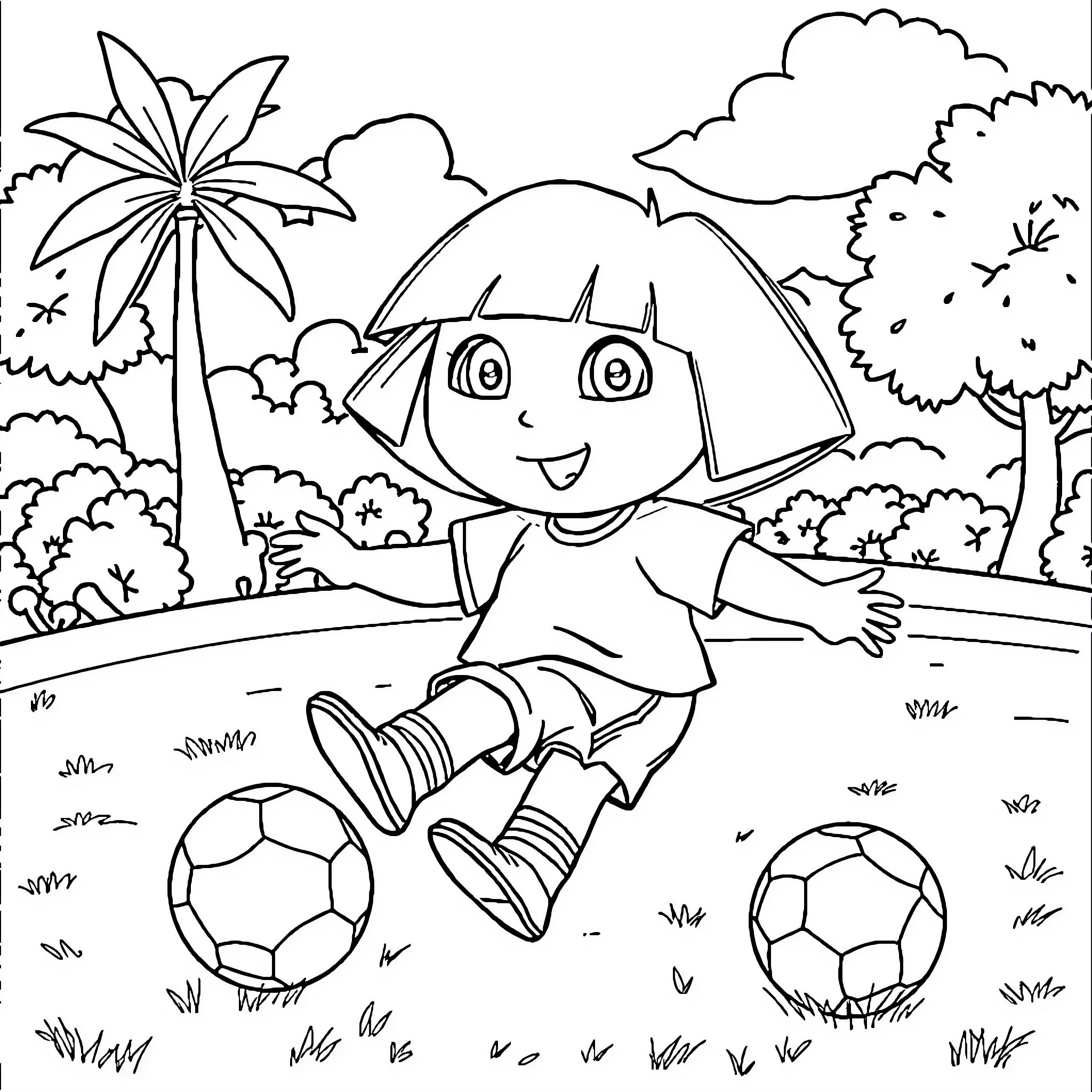 Dora playing happily with soccer balls in the park Coloring Page (free black-and-white line drawing printable PDF for all, from beginners to advanced learners, including children, teens, adults, and seniors)