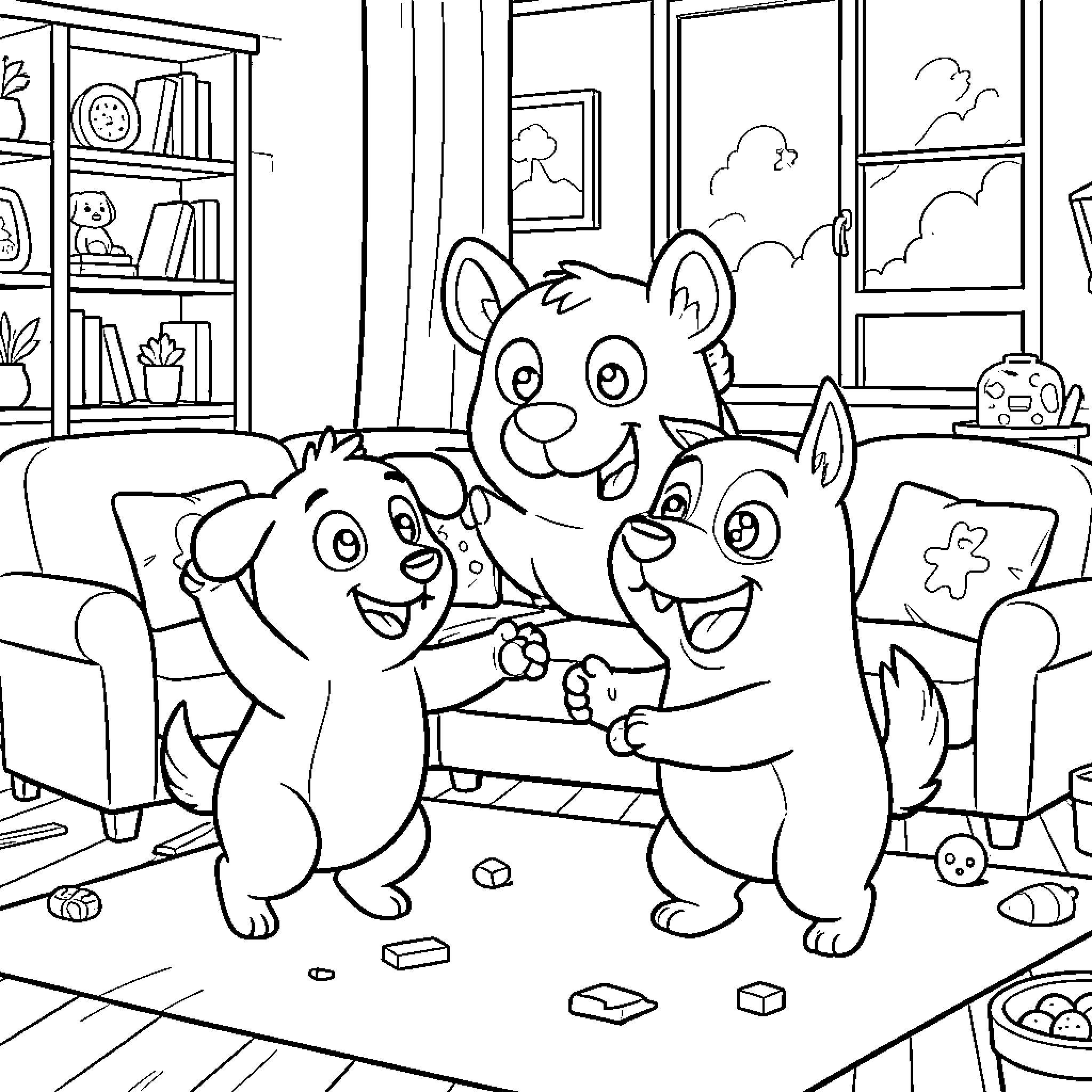 Bluey and Bingo playing happily in the living room Coloring Page (free black-and-white line drawing printable PDF for all, from beginners to advanced learners, including children, teens, adults, and seniors)