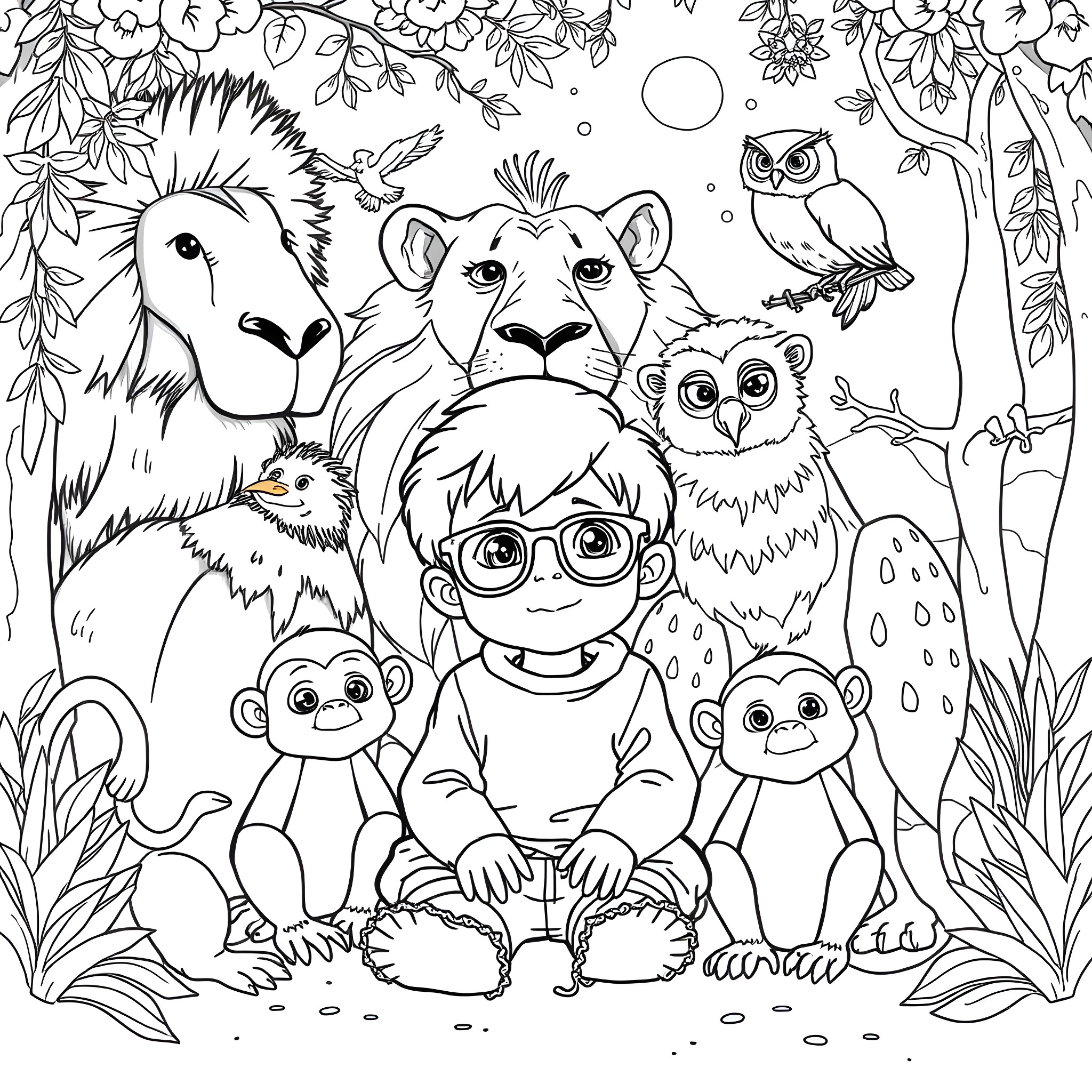 Kid exploring the enchanting jungle with animal friends Coloring Page (free black-and-white line drawing printable PDF for all, from beginners to advanced learners, including children, teens, adults, and seniors)