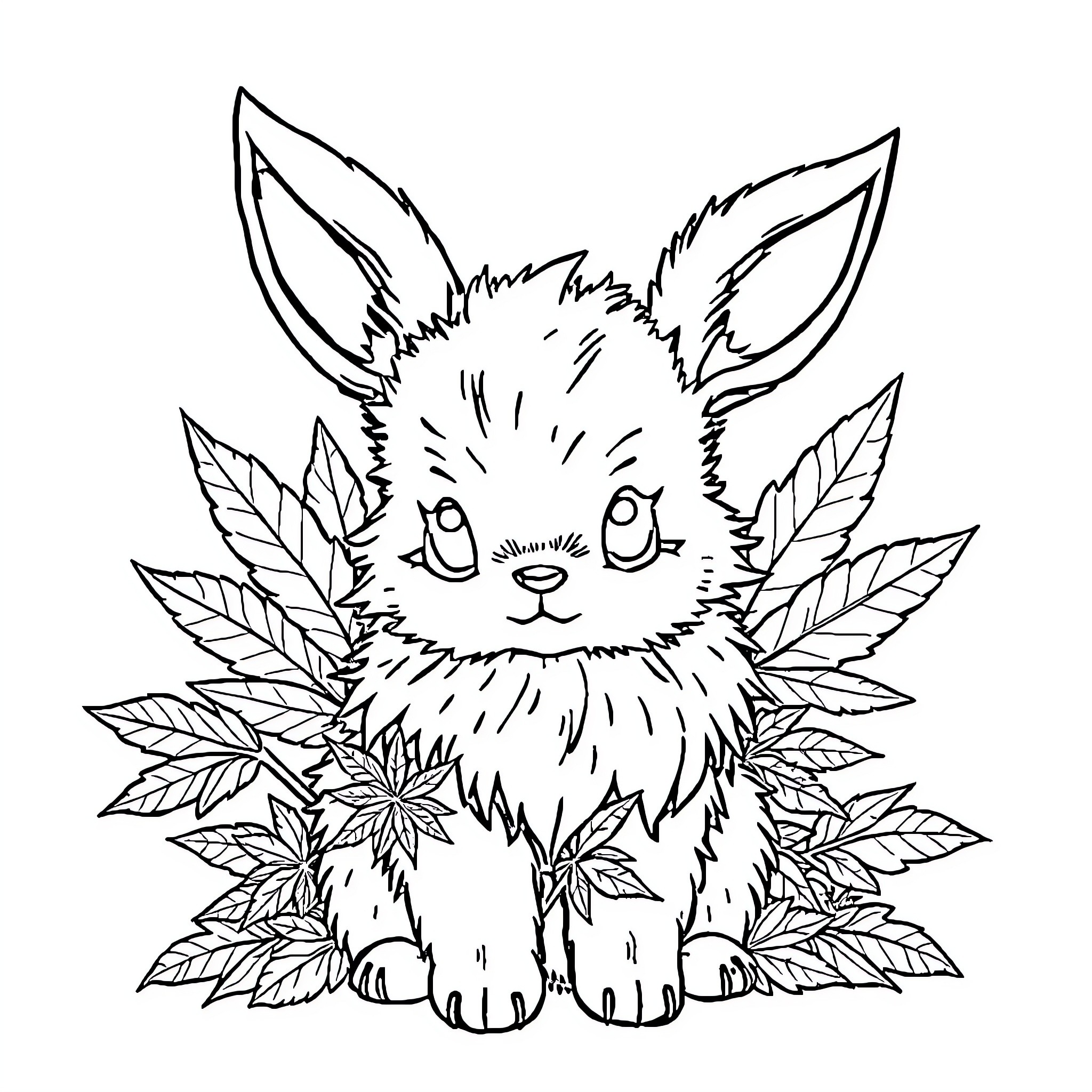 Eevee surrounded by lush foliage Coloring Page (free black-and-white line drawing printable PDF for all, from beginners to advanced learners, including children, teens, adults, and seniors)