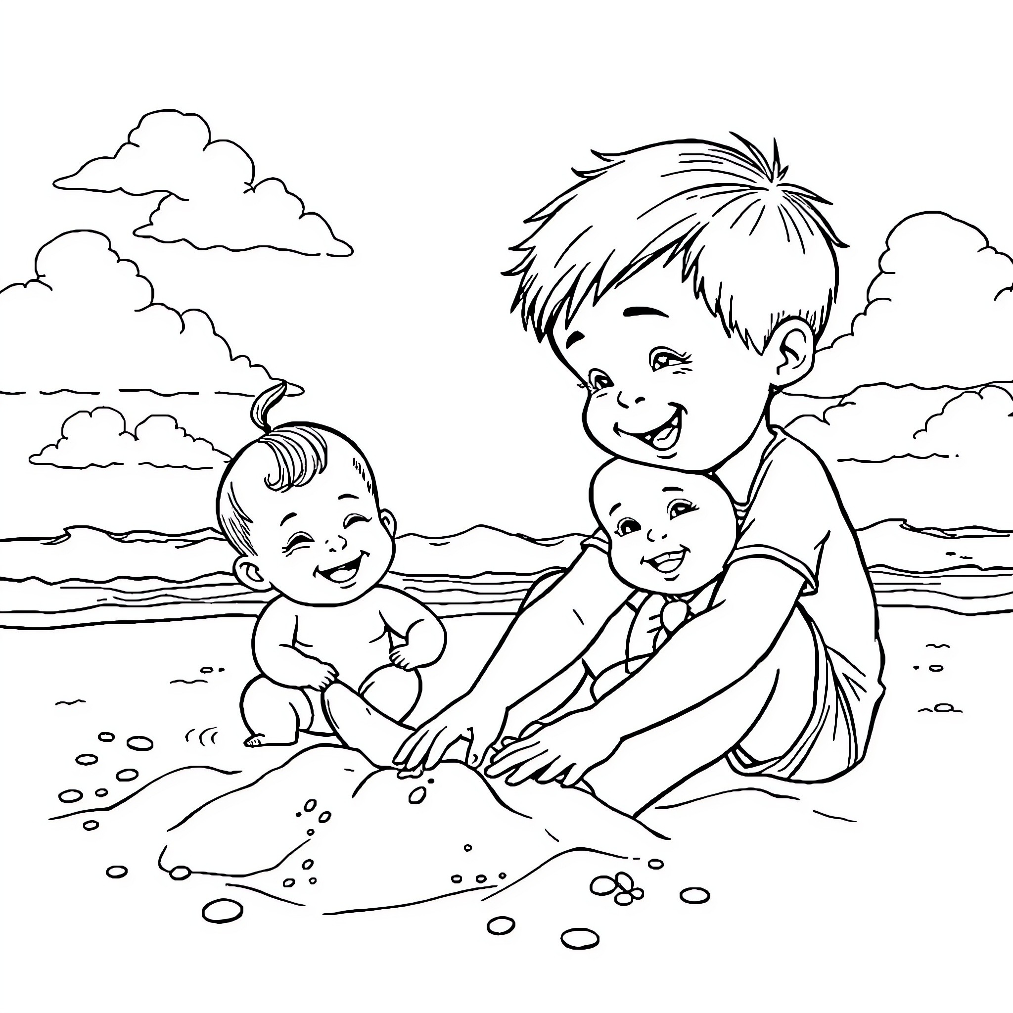 Brother playing happily with siblings on the beach Coloring Page (free black-and-white line drawing printable PDF for all, from beginners to advanced learners, including children, teens, adults, and seniors)