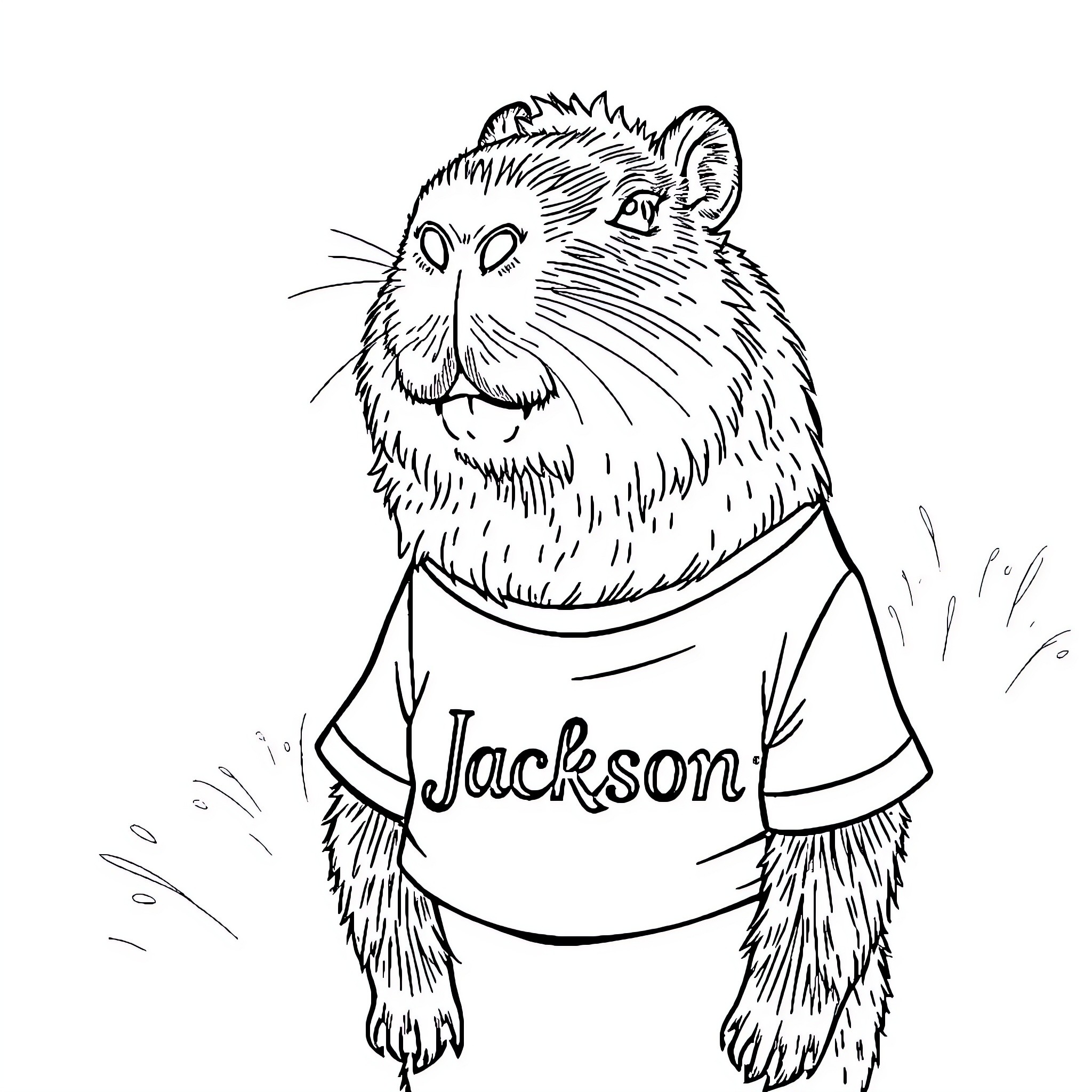 Capybara wearing a shirt with the name 'Jackson' Coloring Page (free black-and-white line drawing printable PDF for all, from beginners to advanced learners, including children, teens, adults, and seniors)