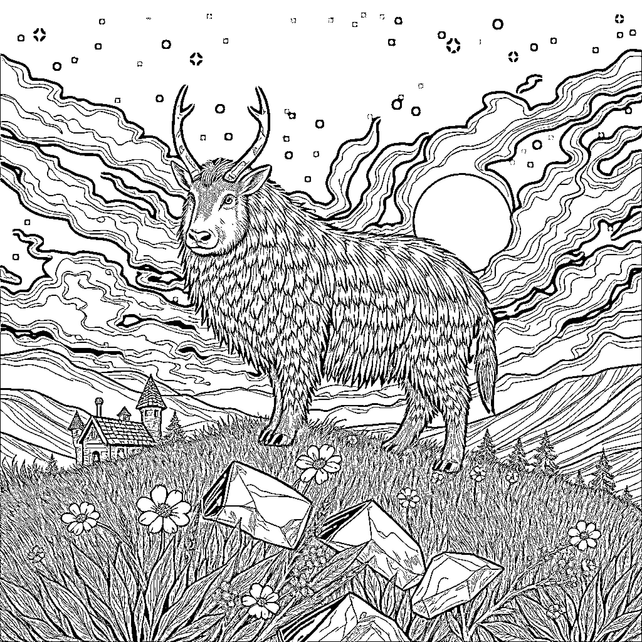 Witch's Enchanted Forest with Mystical Deer Coloring Page (free black-and-white line drawing printable PDF for all, from beginners to advanced learners, including children, teens, adults, and seniors)
