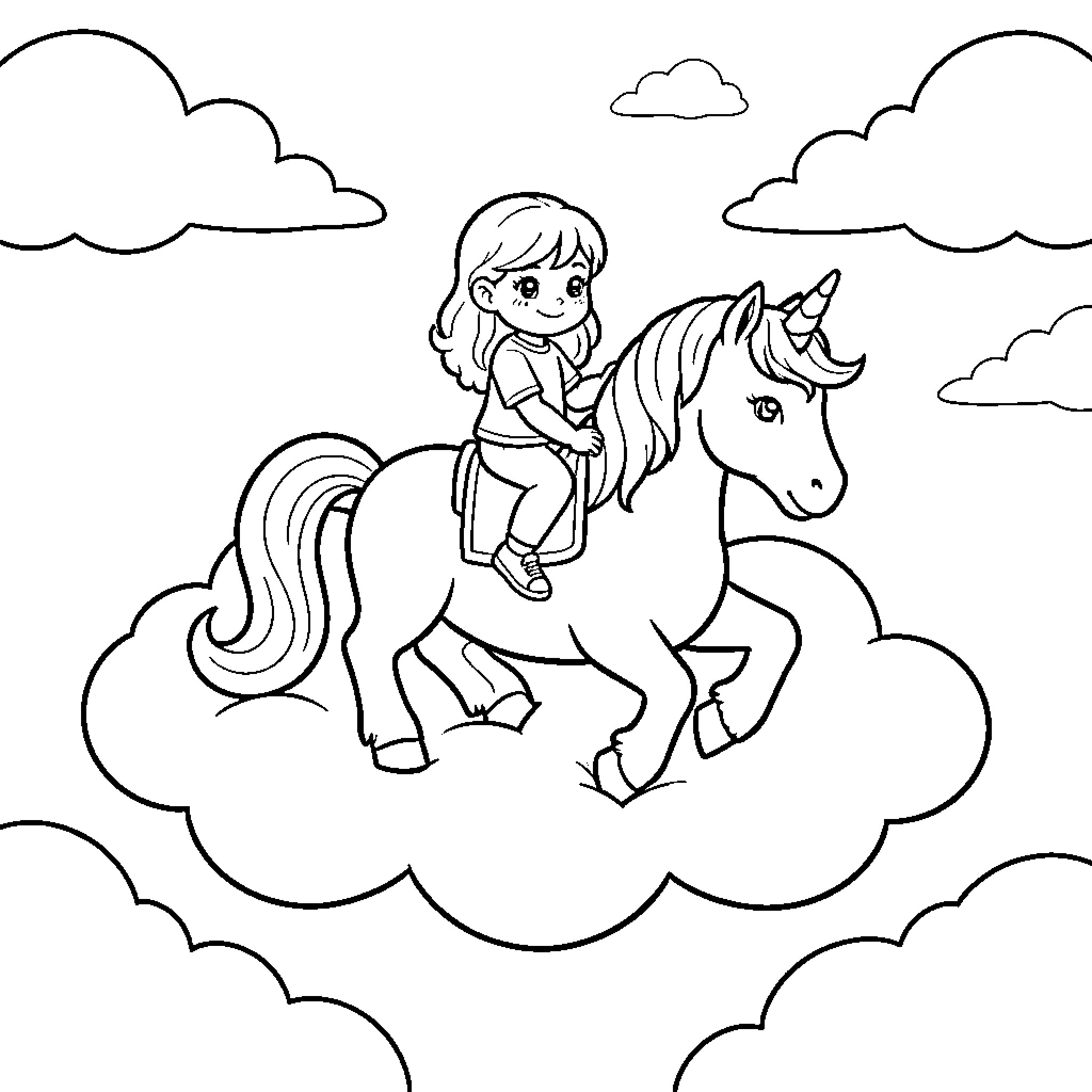 Gabbychat girl riding a unicorn atop a cloud Coloring Page (free black-and-white line drawing printable PDF for all, from beginners to advanced learners, including children, teens, adults, and seniors)