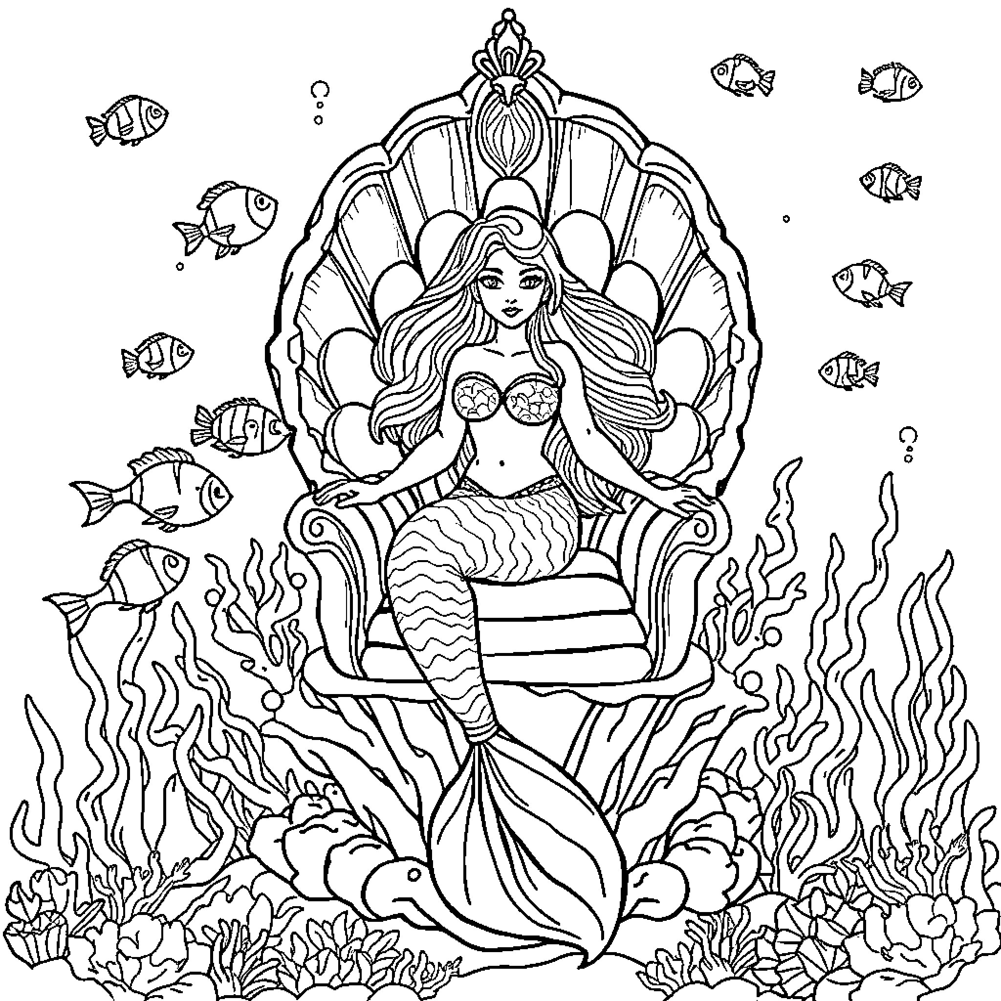 Mermaid sitting on a throne in the ocean Coloring Page (free black-and-white line drawing printable PDF for all, from beginners to advanced learners, including children, teens, adults, and seniors)
