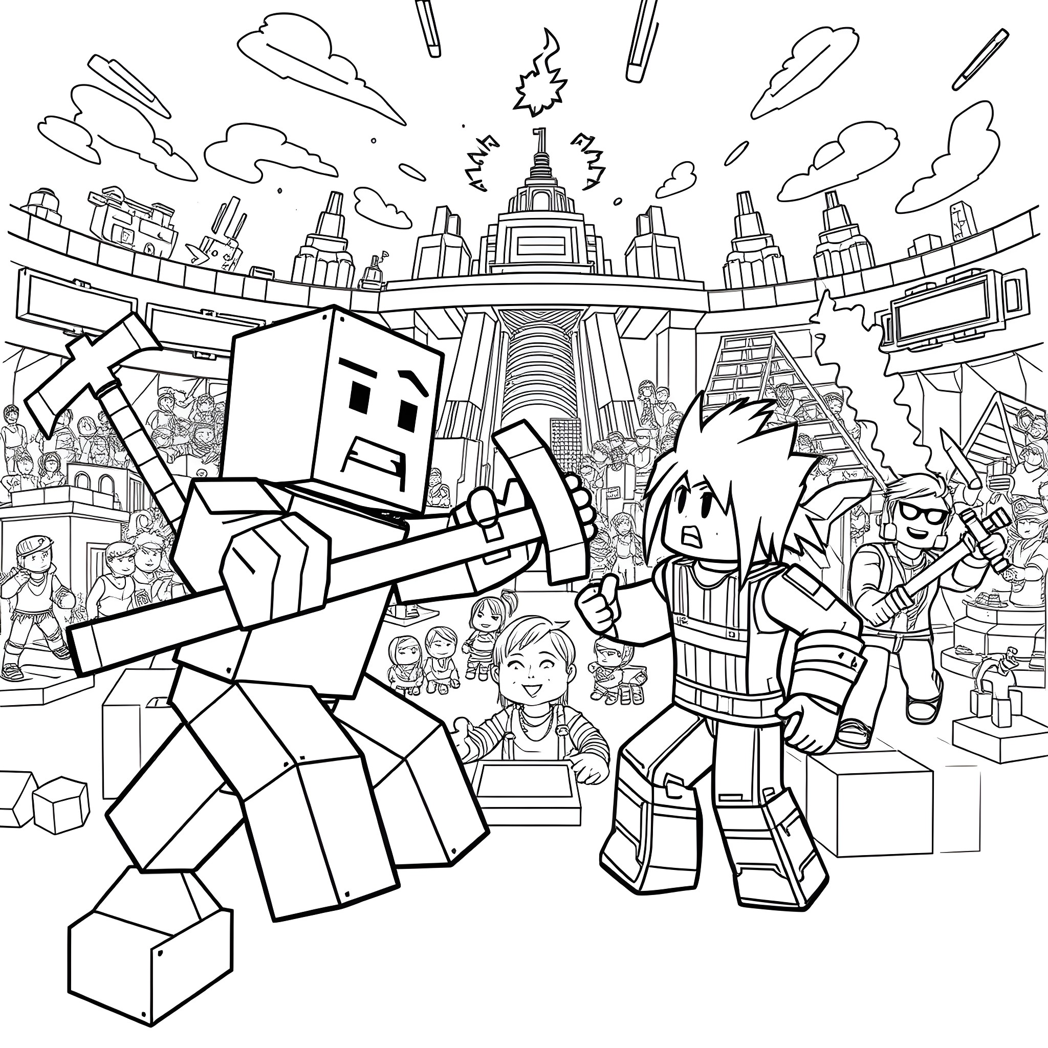 Minecraft characters in a busy city scene Coloring Page (free black-and-white line drawing printable PDF for all, from beginners to advanced learners, including children, teens, adults, and seniors)