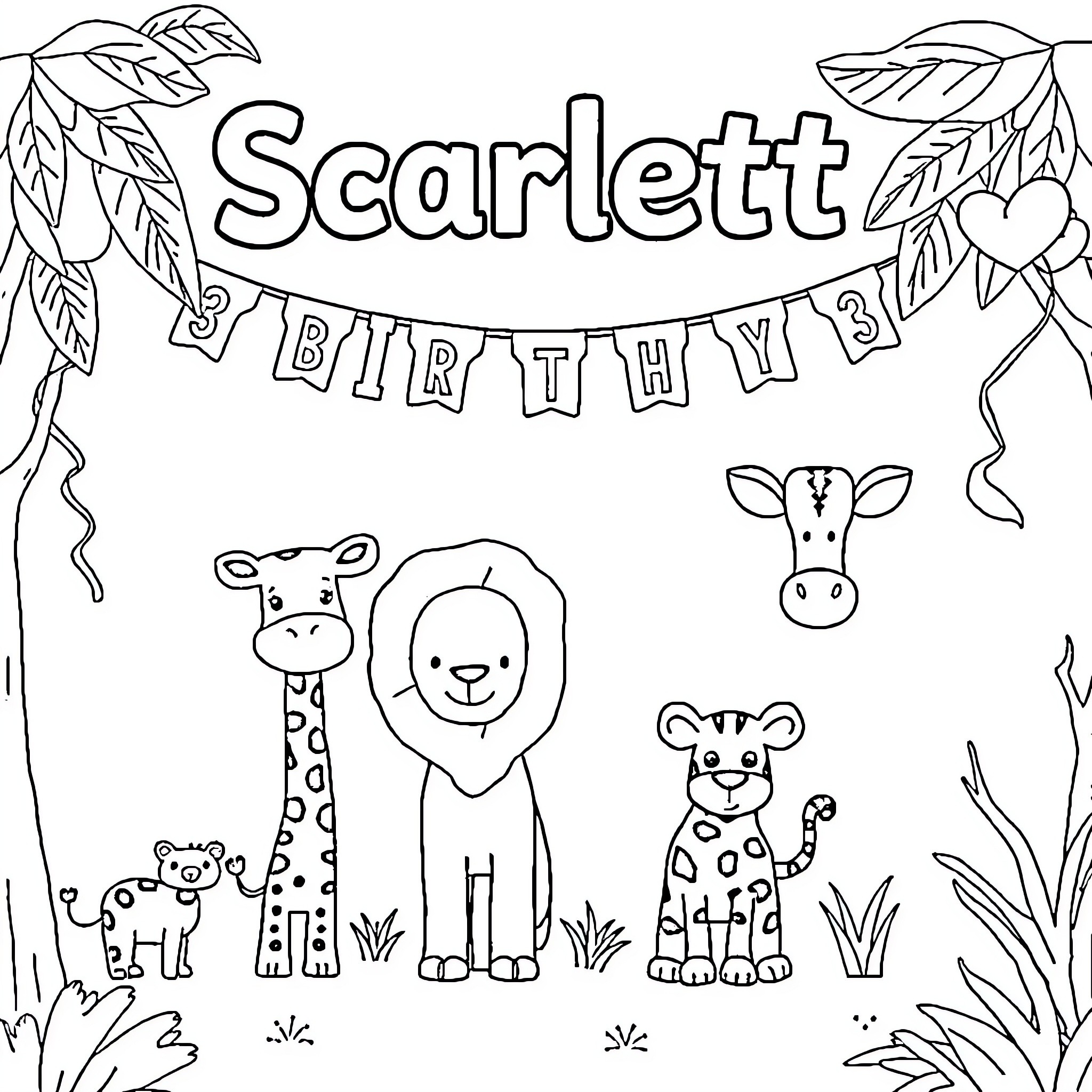 Safari Animal Birthday Party Celebration Coloring Page (free black-and-white line drawing printable PDF for all, from beginners to advanced learners, including children, teens, adults, and seniors)