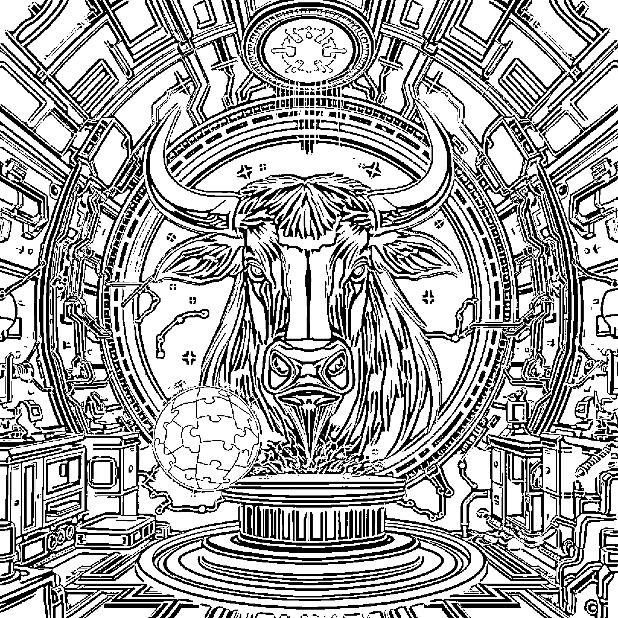 Ox-Head mythological creature depicted in an ornate architectural setting Coloring Page (free black-and-white line drawing printable PDF for all, from beginners to advanced learners, including children, teens, adults, and seniors)