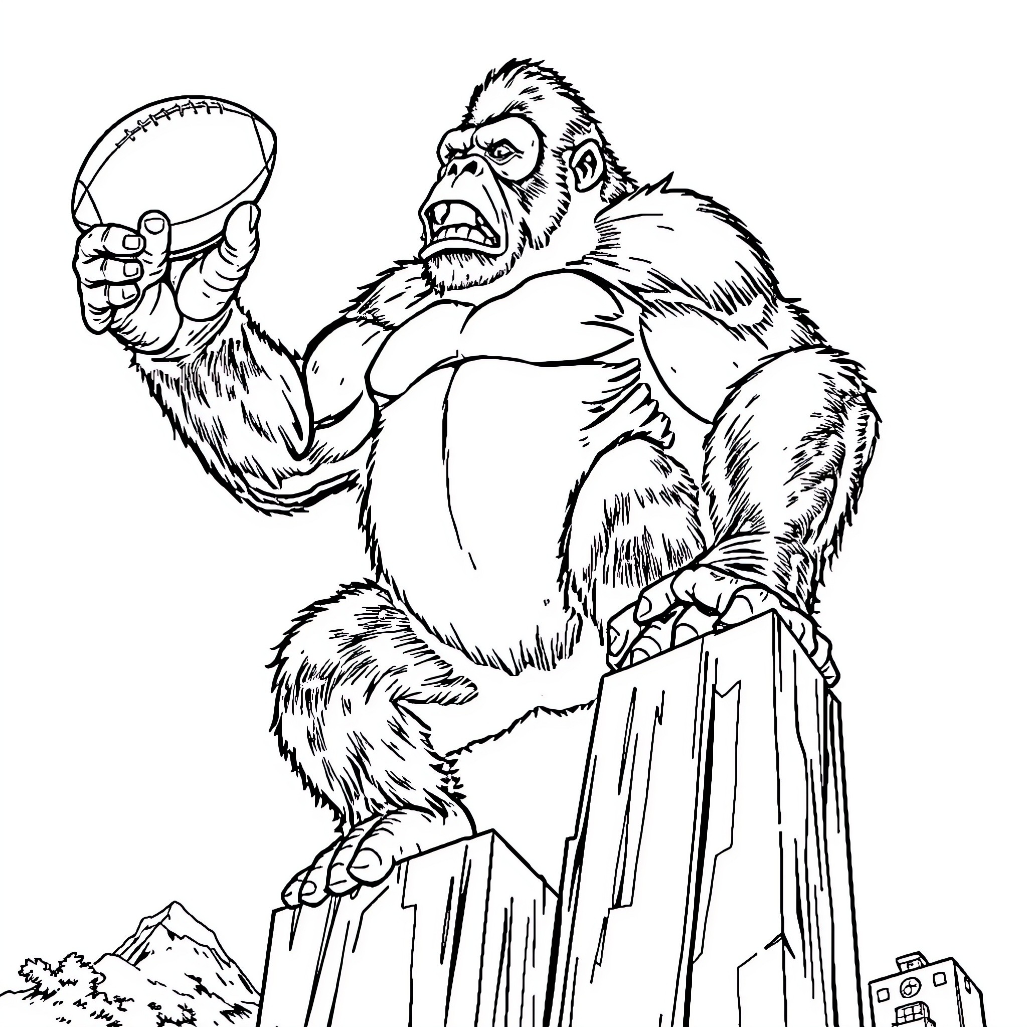 King Kong Capturing a Plane in the City Coloring Page (free black-and-white line drawing printable PDF for all, from beginners to advanced learners, including children, teens, adults, and seniors)